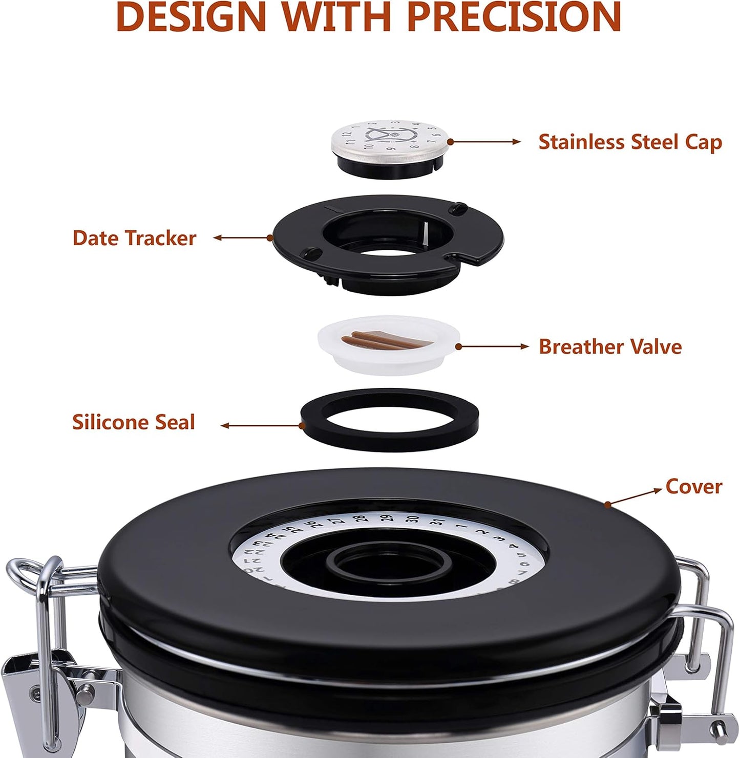 Coffee Container Vacuum Sealed - with Co2 Valve Airtight Beans Grounds Storage Coffee Canister with Scoop Medium Copper 16oz