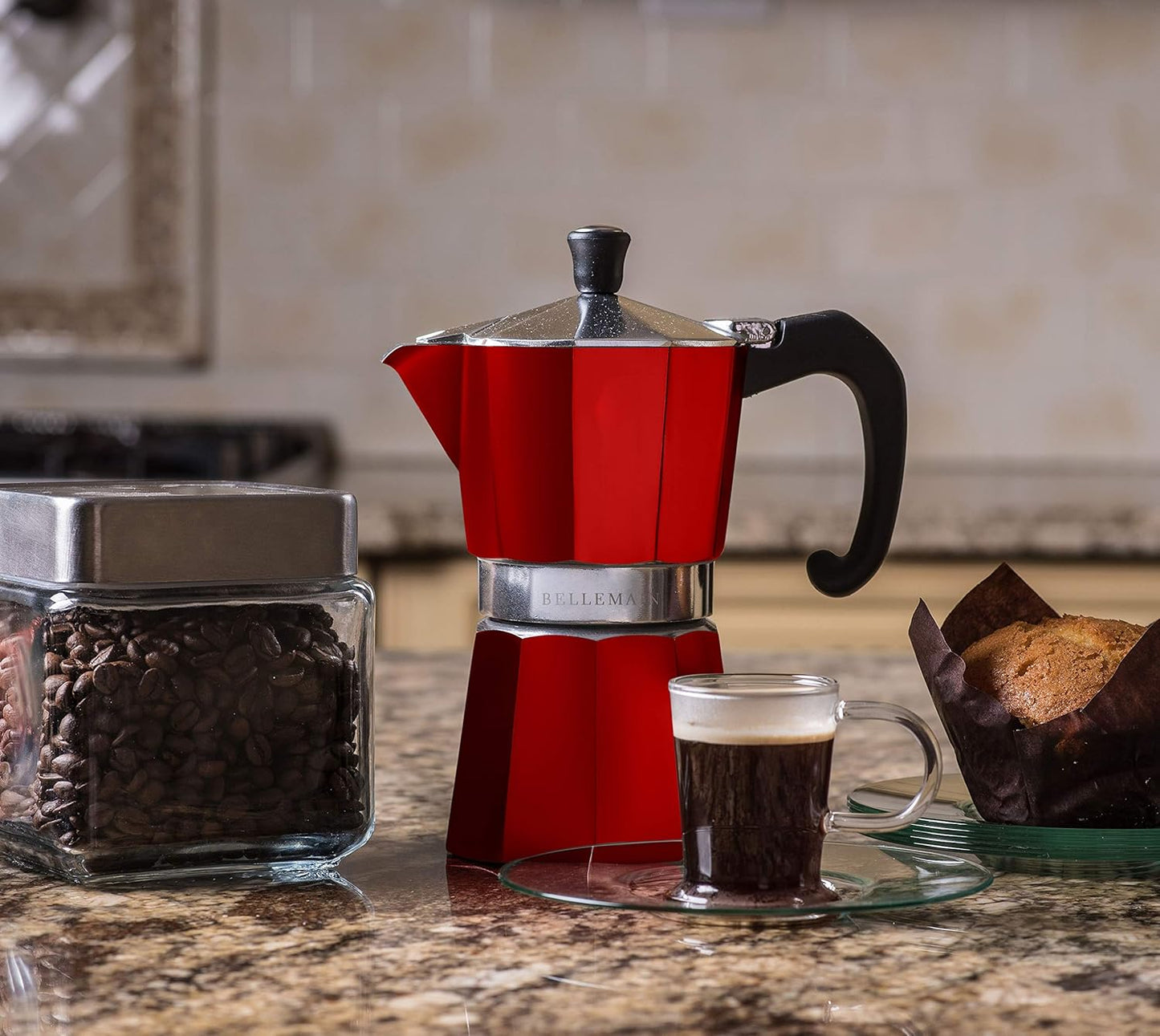 Bellemain Stovetop Espresso Maker | Italian Moka Pot Espresso Maker, Classic Aluminum Design Mocha Pot for Home Brewing & Camping | Easy to Use & Clean - 3-Cup, Red