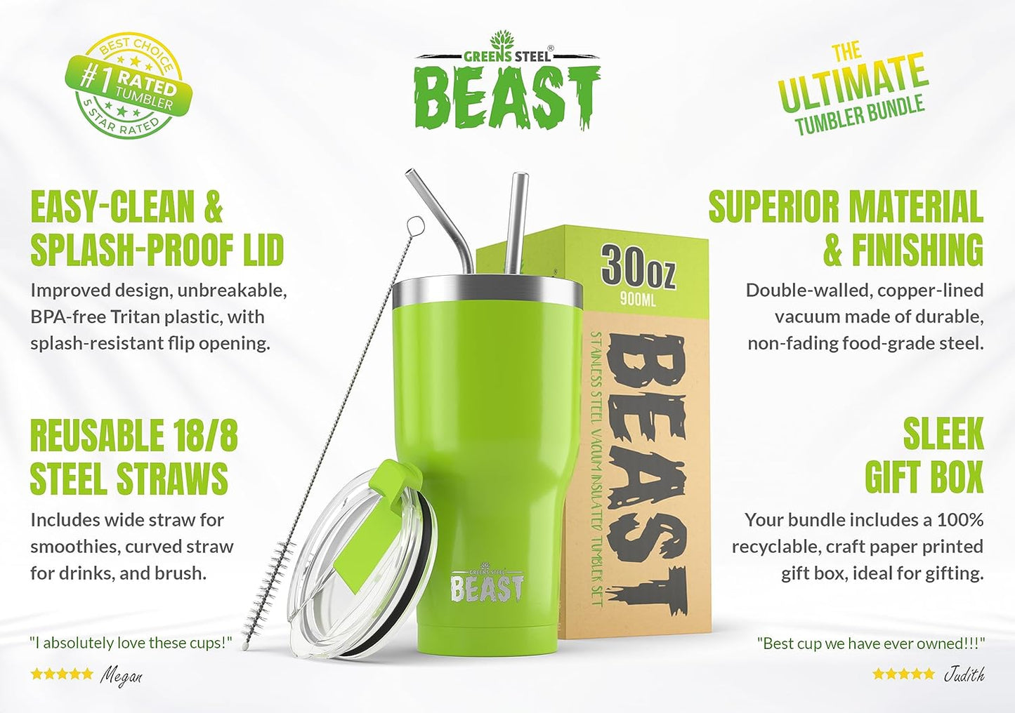 Beast 30 oz Tumbler Stainless Steel Vacuum Insulated Coffee Ice Cup Double Wall Travel Flask (Lemongrass Green)