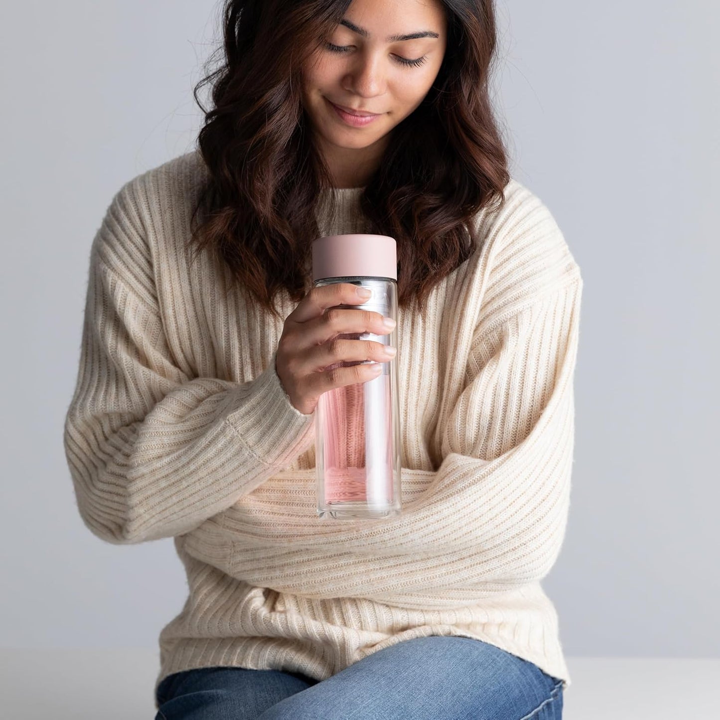 Glass Multi Tea Infuser Bottle 14oz - Double Wall Borosilicate Glass Flask | No Plastic Touches Contents | Perfect for Office or Home - Rose Pink