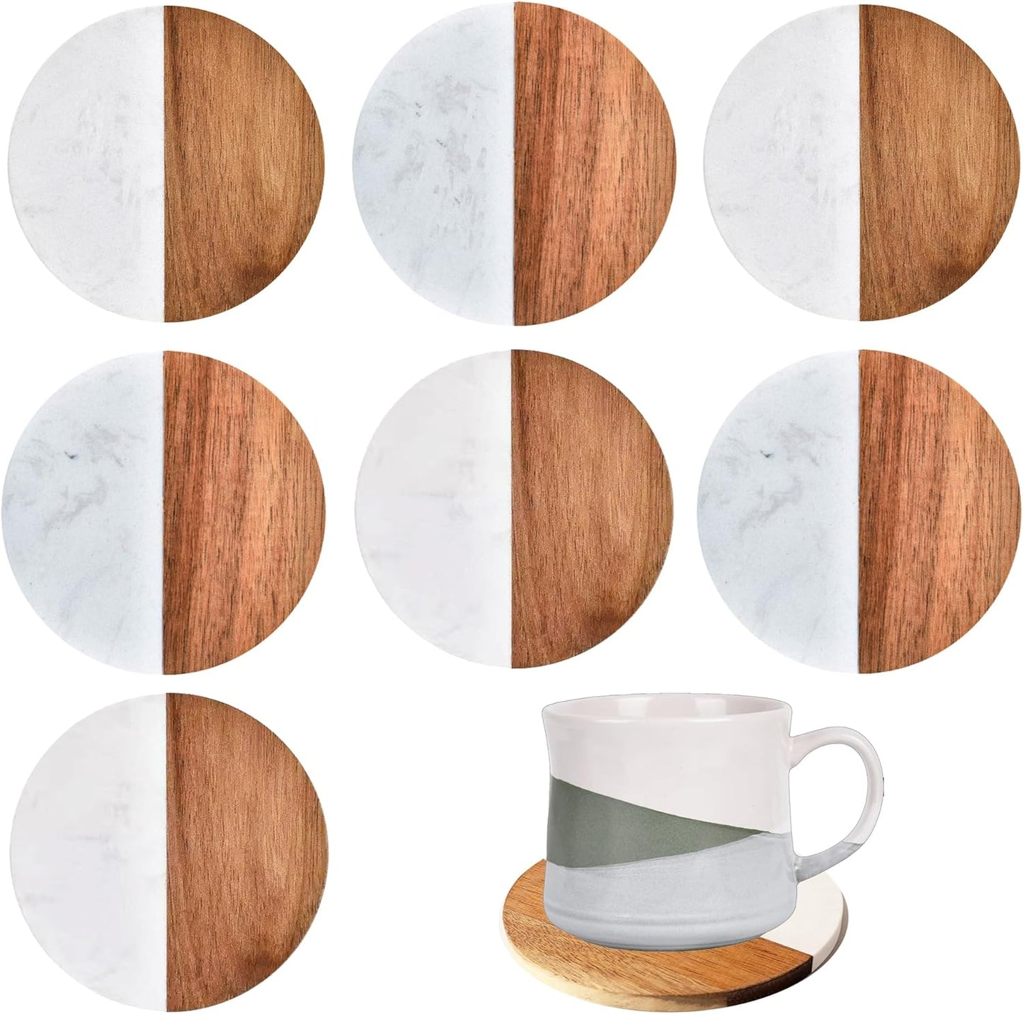 I-LAN 8Packs Round Natural Wood and Marbel Style Drink Coasters for Coffee Wooden Table, Drink Bar Coaster Set/Tea Table Coasters for Living Room,Beer Cans,Bar Glasses,4 x 4 Inch