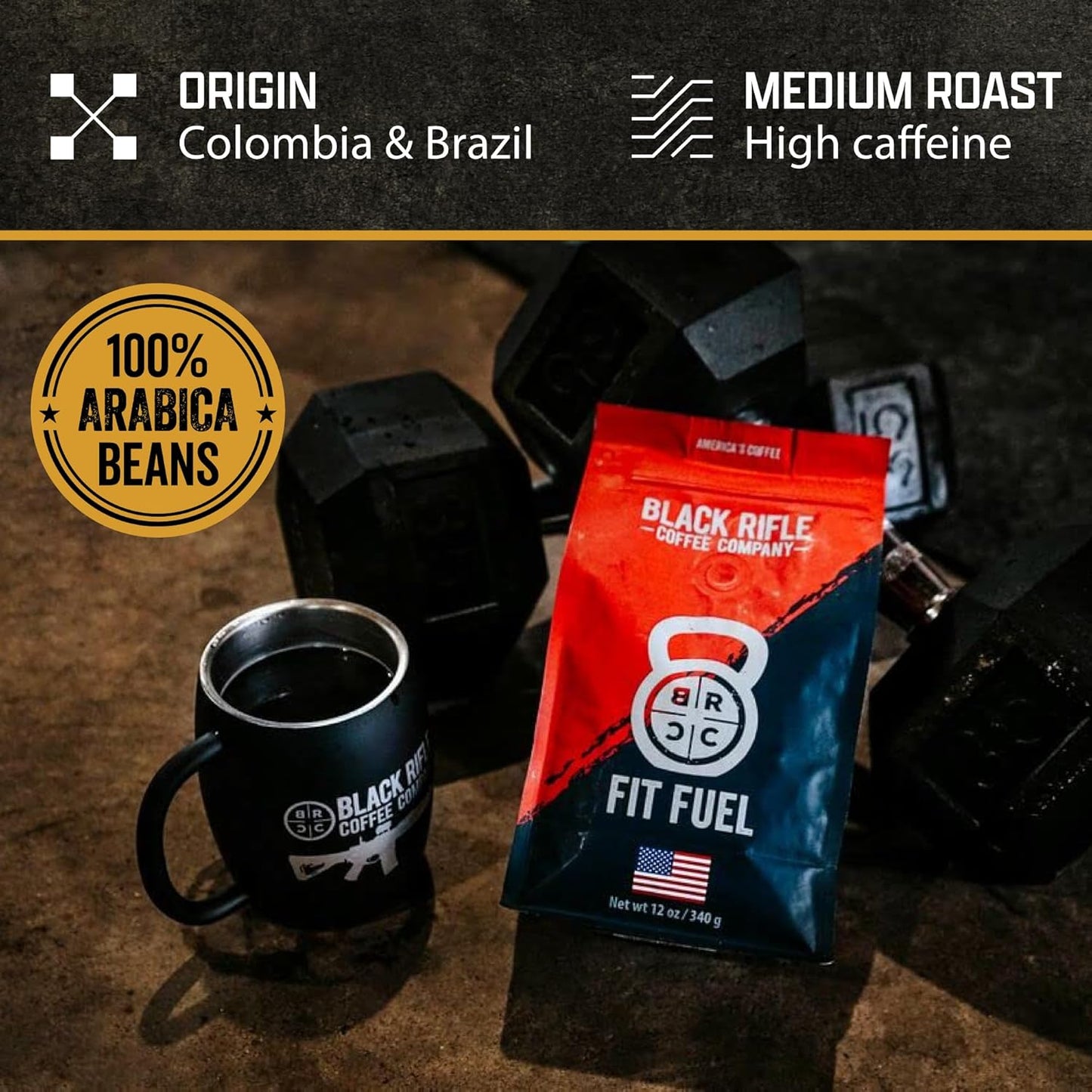 Black Rifle Coffee Company Ground Coffee Medium Roast - Roasted Blend Made from Pure Arabica Beans - Colombian & Brazilian Beans - Veteran Founded & American Made (Fit Fuel, 12oz Bag)