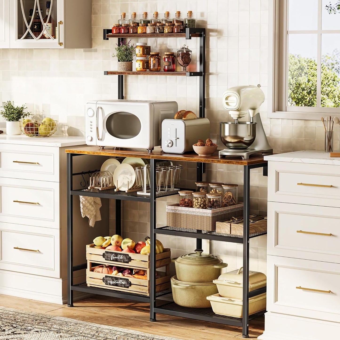 Huuger 39.4 Inch Bakers Rack with Power Outlets, Kitchen Microwave Stand with Storage, Coffee Bar with 4 Hooks, 3-Level Height Open Shelves, Retro Brown