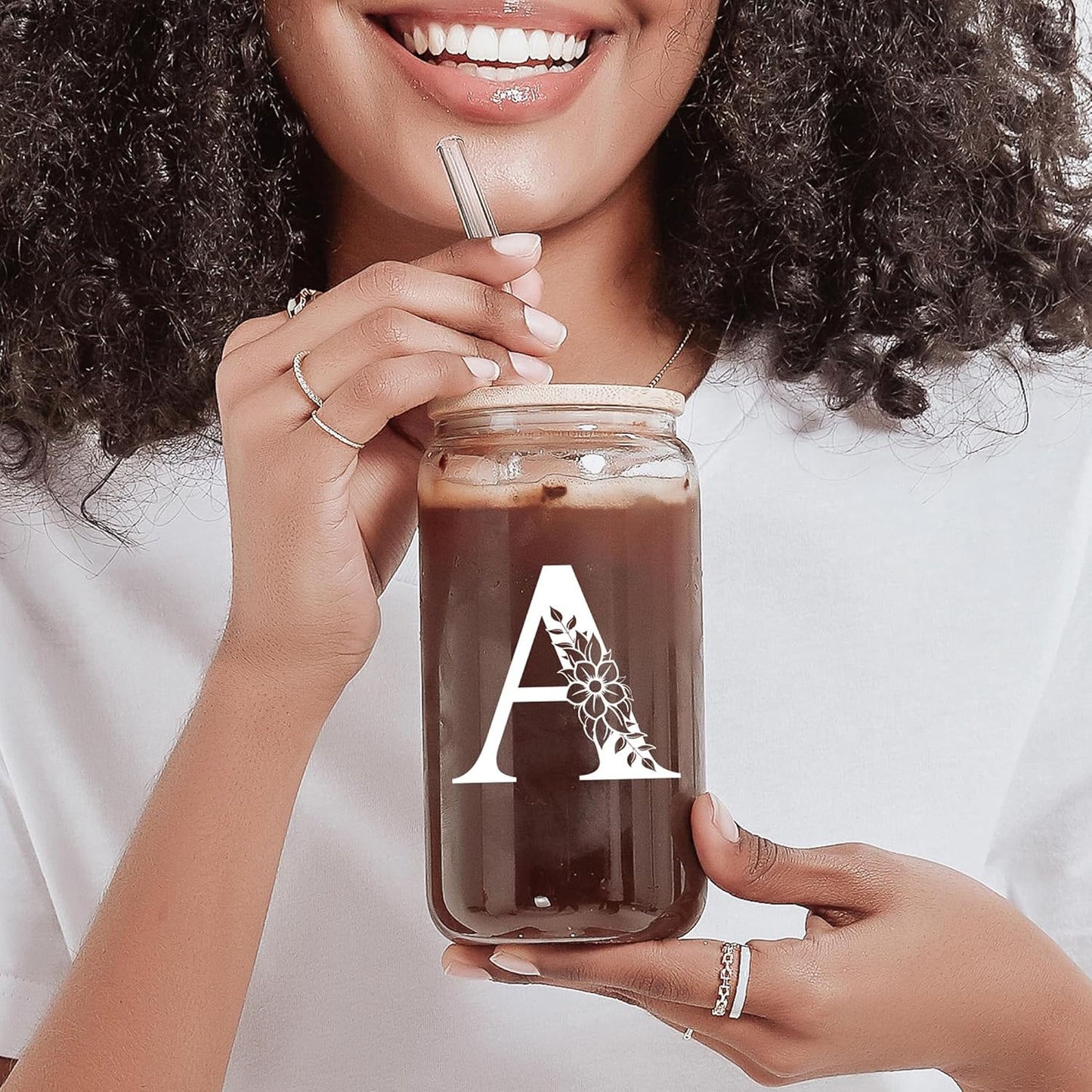 Personalized Gifts for Women, Monogrammed Glass Cups with Lids and Straws, Custom Tumbler, Cute Customized Mug, Aesthetic Stuff, Initial Iced Coffee Cup, Drinking Glasses, Birthday Teacher Gifts, W