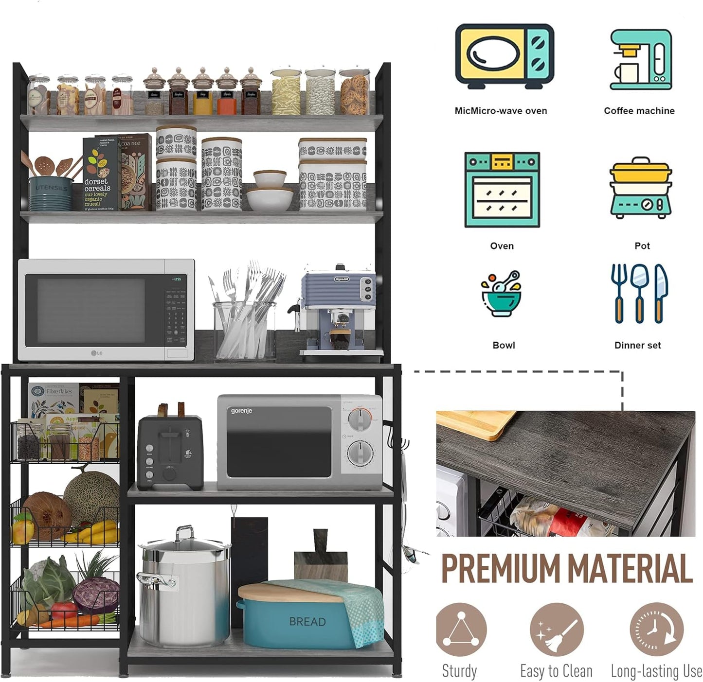 Kitchen Bakers Rack with Baskets,Free Standing Shelf,5-Tier Kitchen Utility Storage Shelf with Hooks, Microwave Oven Stand Rack Grey