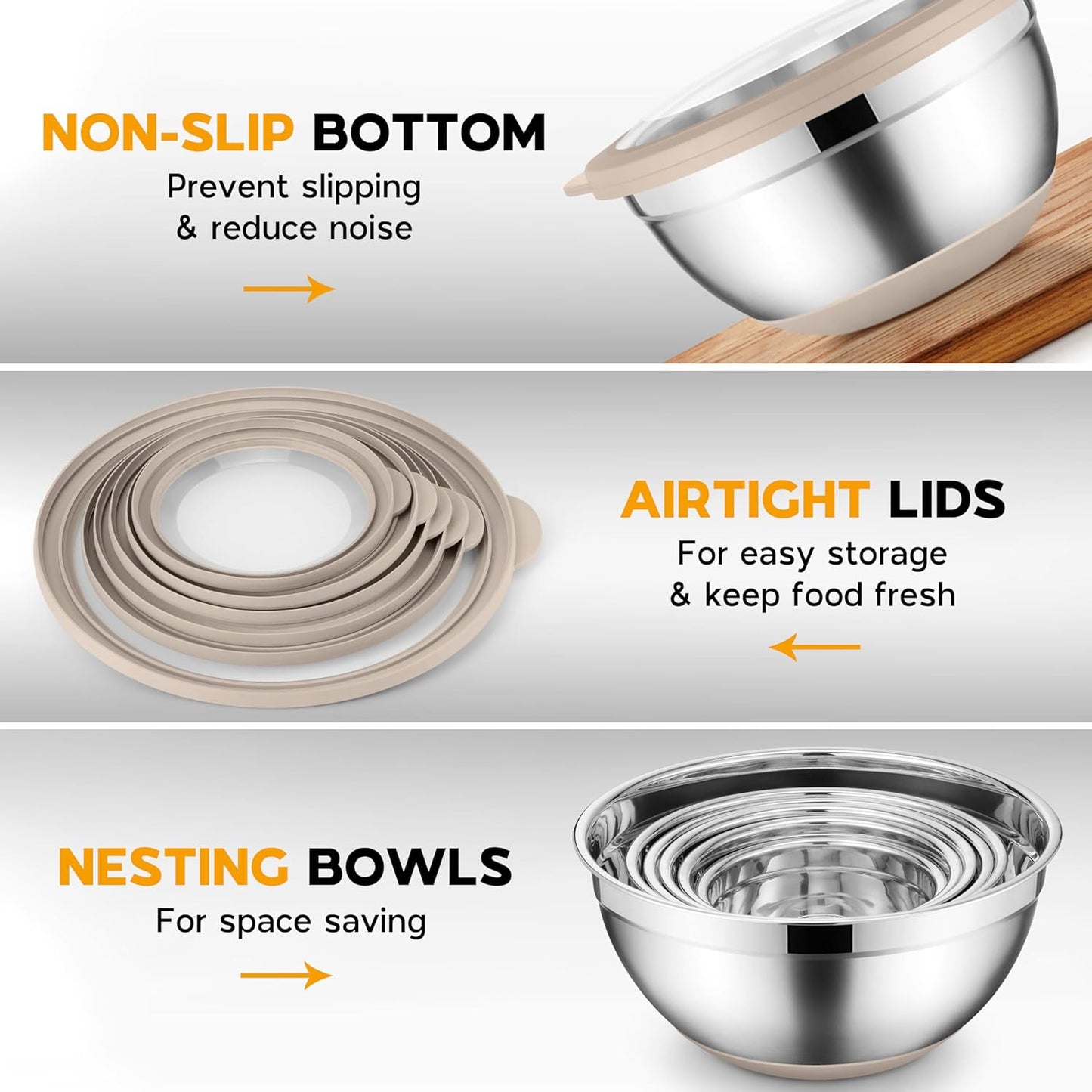 Mixing Bowls with Lids Set of 6, Large Metal Nesting Mixing Bowls, Stainless Steel Non-Slip Salad Bowl Khaki – Size 1, 1.5, 2, 2.6, 3.5, 7QT