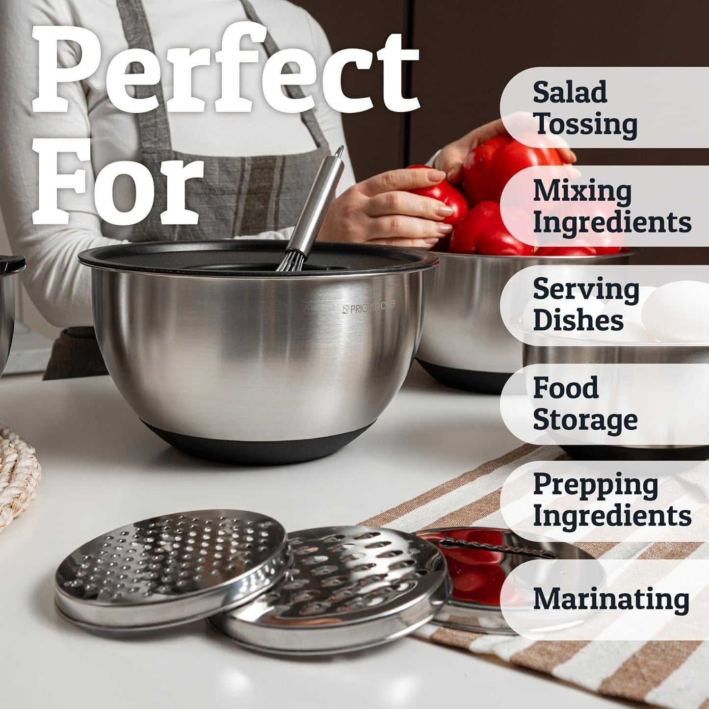 Priority Chef Stainless Steel Mixing Bowls with Lids Set, 3 Grater Attachments, Airtight Lids, Non-Slip Silicone Base Mixing Bowl Set, Large Prep Metal Mixing Bowls for Kitchen, Black