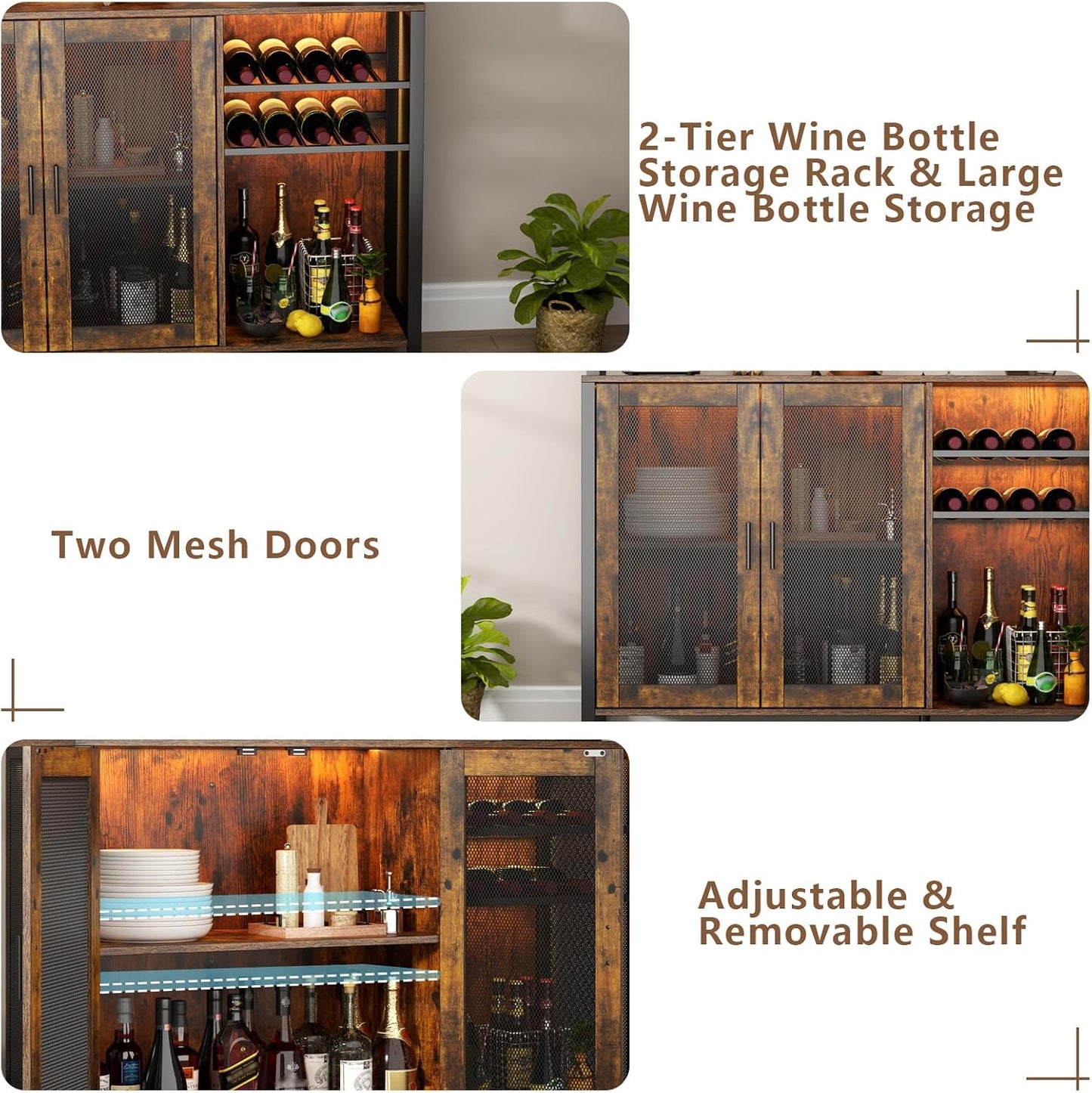 Loomie Wine Bar Cabinet with LED Lights, Industrial Coffee Bar with 3 Storage Compartments & Wine Rack &Glass Holder,Sideboard Buffet for Liquor and Glasses,Liquor Cabinet,Rustic Brown