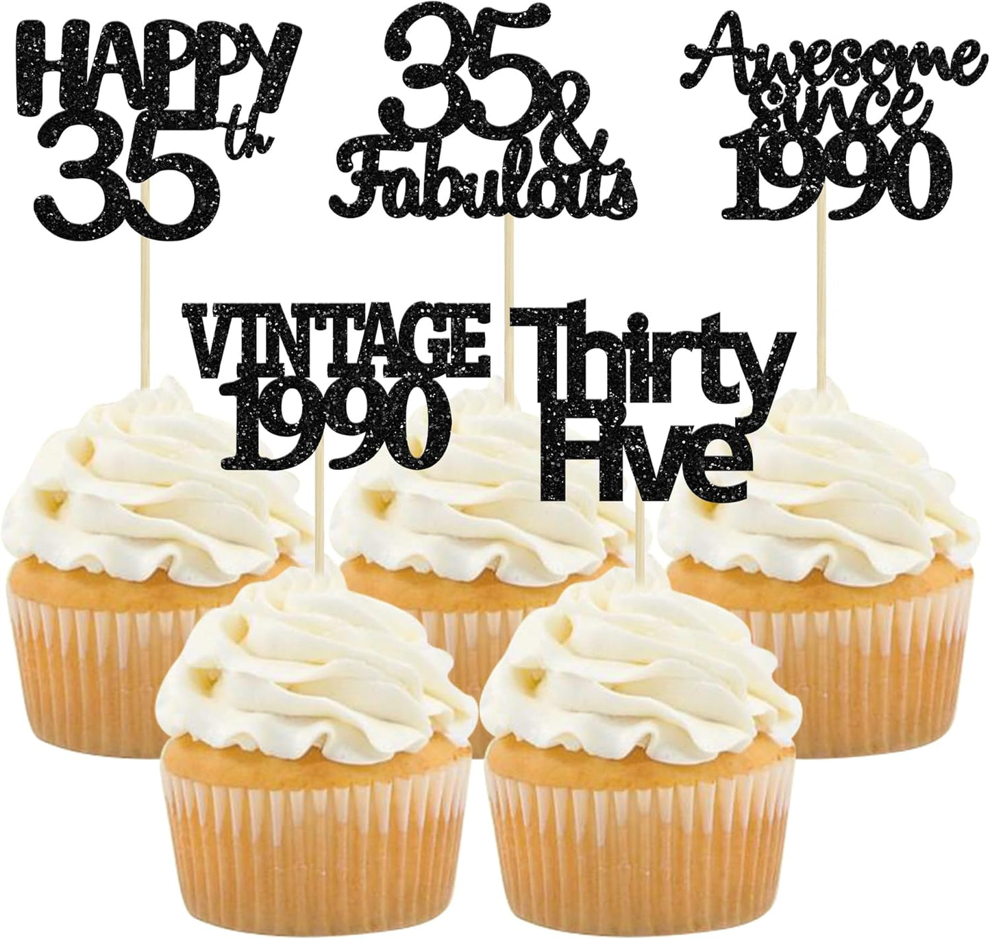 Gyufise 30 Pack Vintage 1989 Cupcake Toppers Black Glitter Thirty Five Happy 35 Cake Decorations Cheers to 35 Years Birthday Cupcake Picks 35th Birthday Anniversary Cake Decorations