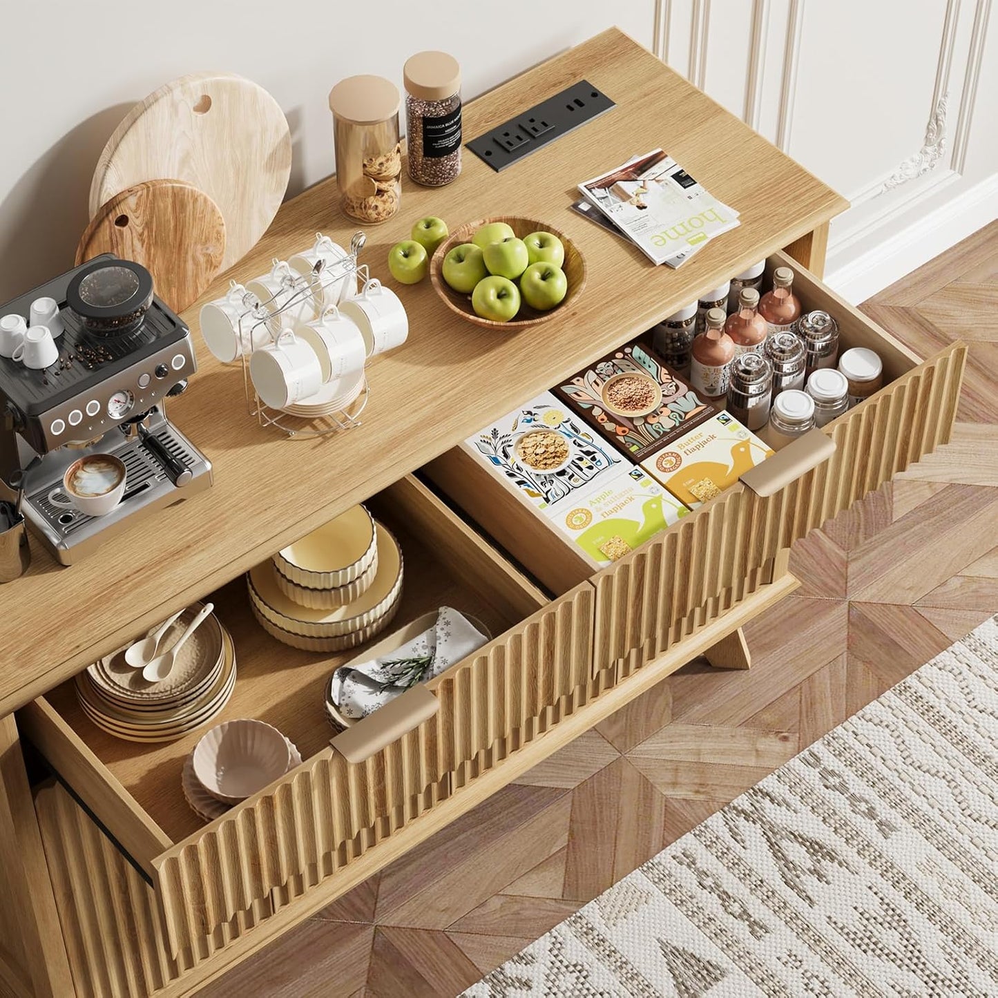 QUW Fluted Buffet Sideboard Cabinet with Storage, 47.2" Kitchen Cabinet with Drawers and Adjustable Shelves, Modern Coffee Bar with Charging Station, for Dining Room, Living Room, Natural Oak