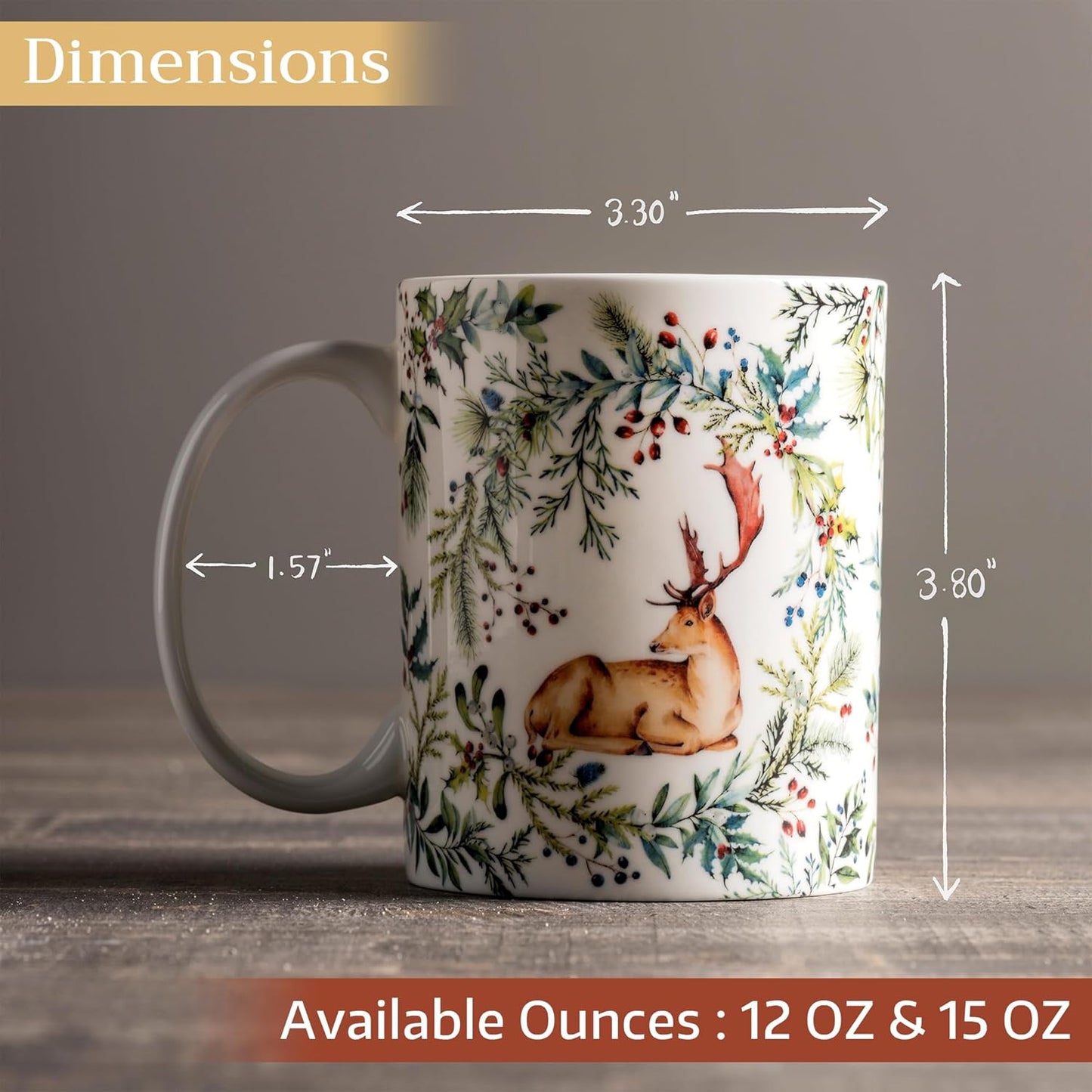 Maison d' Hermine Coffee Mug with Handles Fine Bone China Mugs Pack of One Tea Cups for Hot Beverages Cappuccino Latte Home Restaurant Office Perfect for Gift (Holly Time - Cerf, 15 Ounce)