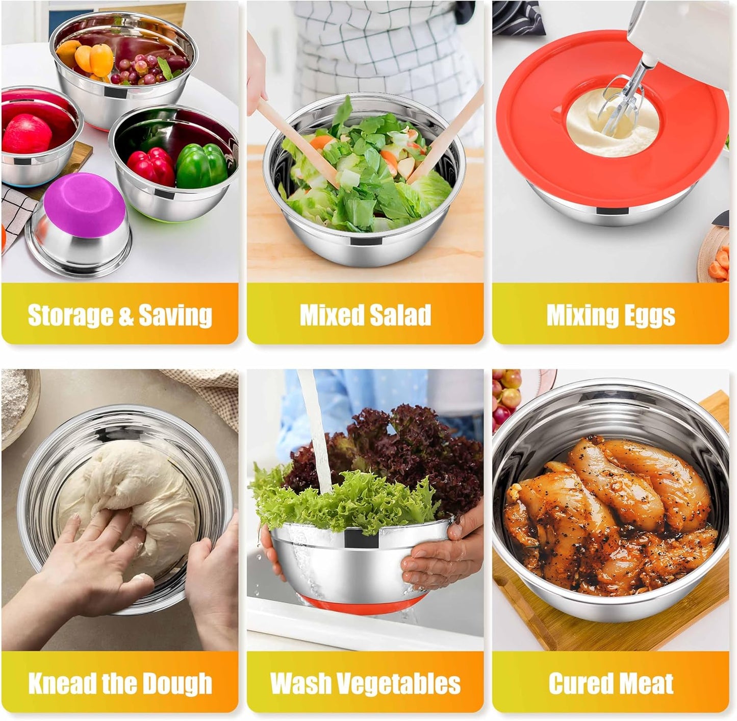 E-far Stainless Steel Mixing Bowls with Lids Set, 5-Piece Nesting Salad Bowls with 3 Grater Attachments and Non-Slip Bottoms, Size 4.6, 2.6, 2, 1.5, 1QT for Kitchen (Colorful)