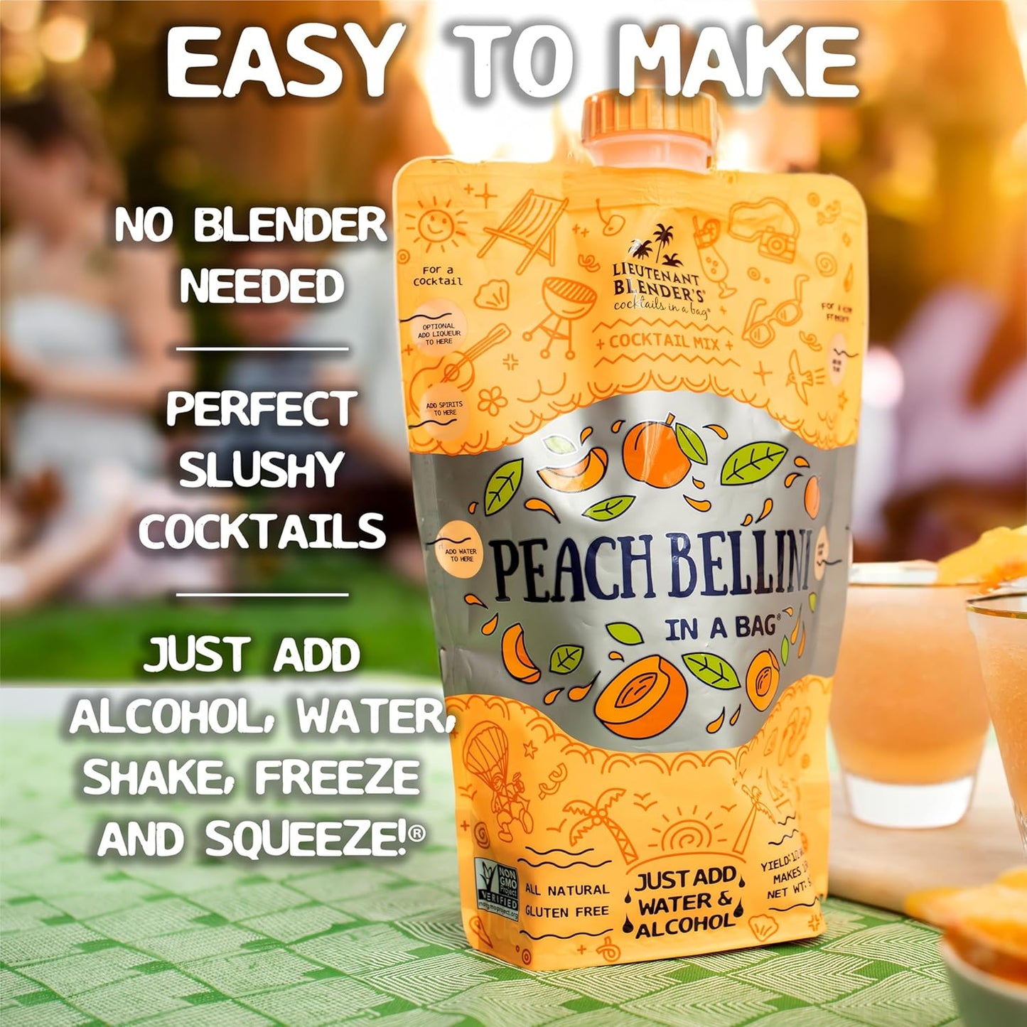 Lt. Blender's Peach Bellini in a Bag - Wine Slushie Mixes - Each Bag Makes 1/2 Gallon of Frozen Peach Bellini Mix – Non-GMO Wine Freezer mix - Make with Wine, Liquor or as a Mocktail - (Pack of 1)