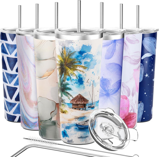 THILY Vacuum Insulated Stainless Steel Tumbler Travel Mug 26 oz Coffee Cup with 2 Lids and Straws, Splash Proof, Reusable, Keep Iced Drinks Cold, Coastal Breeze