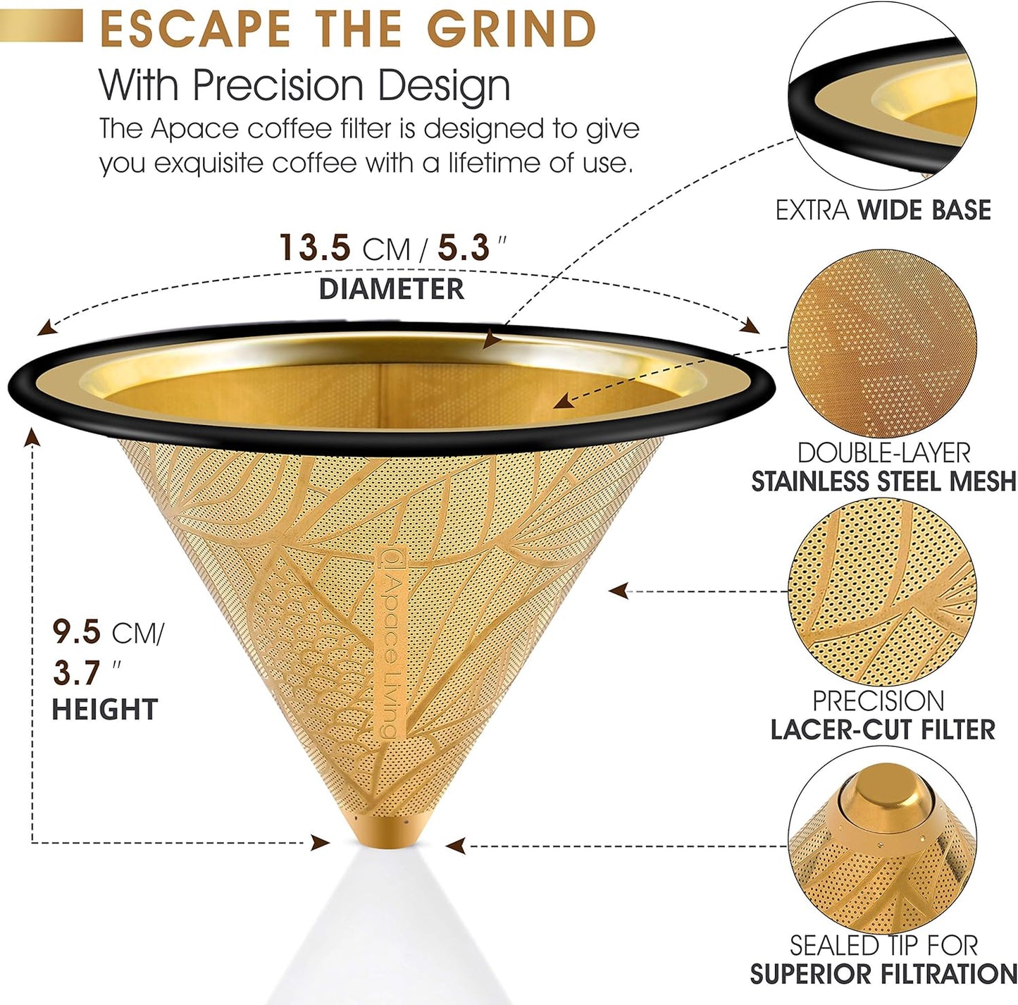 Compatible with Chemex, Hario V60 Pour Over Coffee Filter - Wide Metal Base Reusable Stainless Steel Coffee Dripper - Paperless Coffee Filter for Sustainable Brewing