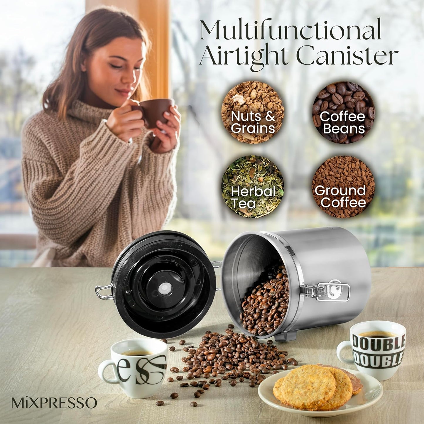 Mixpresso 16 Oz Coffee Canister with Scoop, Stainless Steel Airtight Coffee Container, Air tight Jar Tea Storage with Date Tracker, Vacuum Sealed Espresso Airtight Canister, Sugar Container for Home