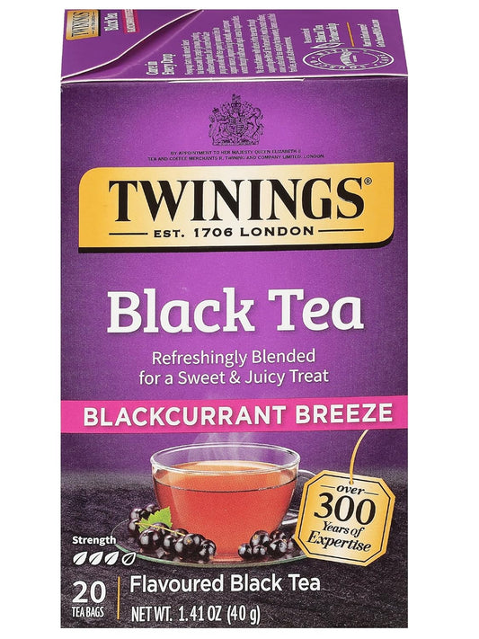 Twinings Blackcurrant Breeze Black Tea Individually Wrapped Bags, 20 Count (Pack of 1), Sweet, Tangy Taste, Caffeinated, Enjoy Hot or Iced, 20 Teabags