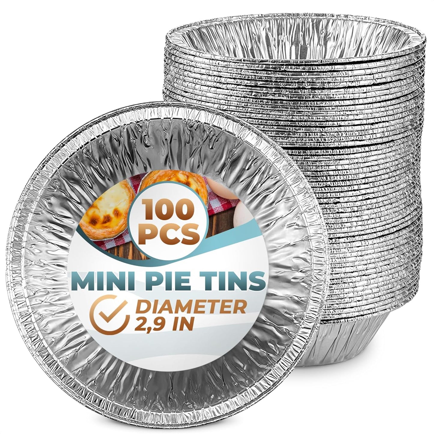 LEGLO 100 Pcs Disposable Egg Tart Tins - 2.9" Aluminum Mini Pie Tins, Quality and Durable Material, Easy to Use and Oven Safe, Moisture and Odor Resistant, Good for Fruit, Pastry, Meat, and Pot Pies