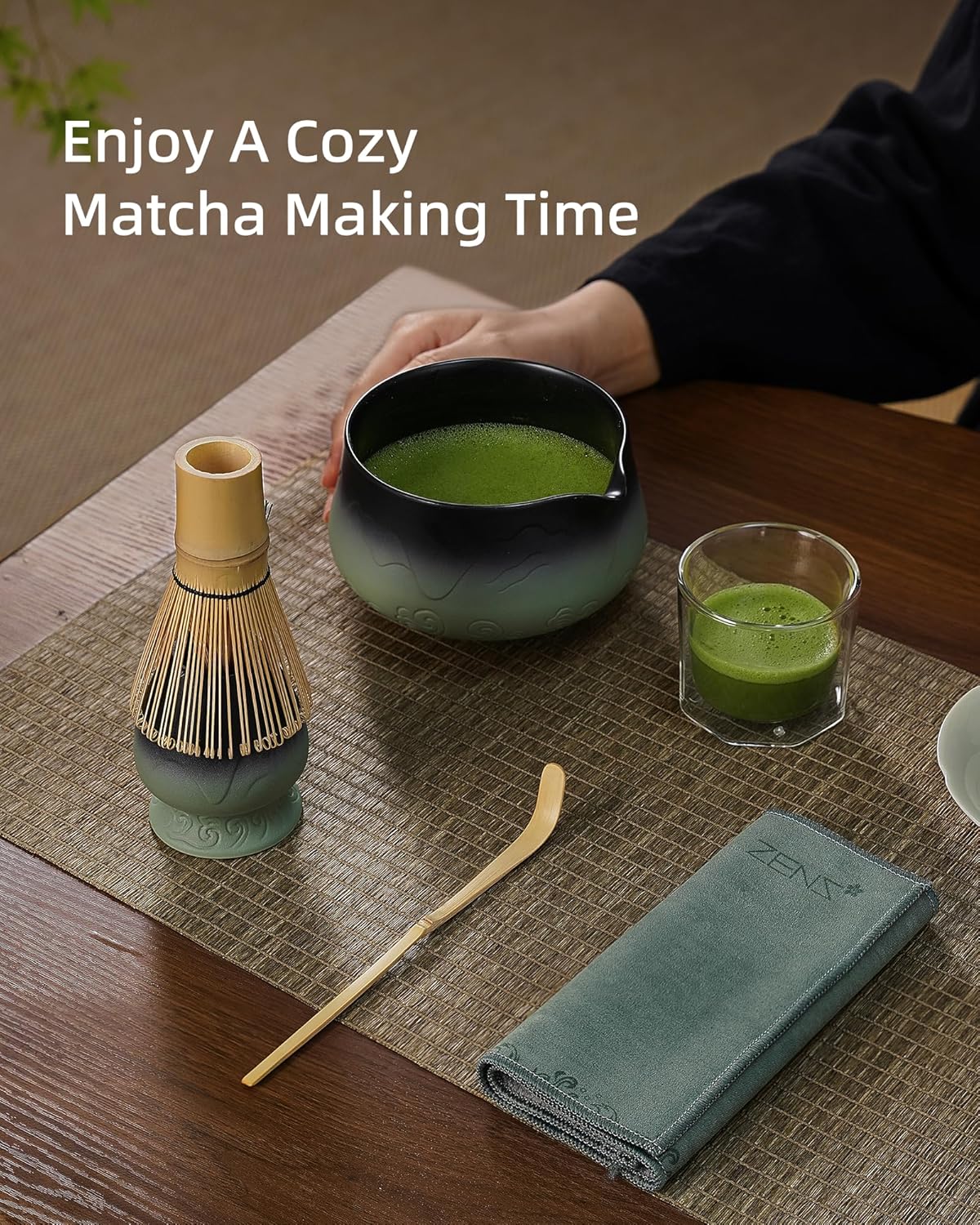 ZENS Matcha Whisk Set, 15oz Ceramic Matcha Set with Bowl and Bamboo Whisk, Scoop, (Chasen Holder) -Tea Towel, 5pcs Matcha Kit for Matcha Lovers, Sage Green