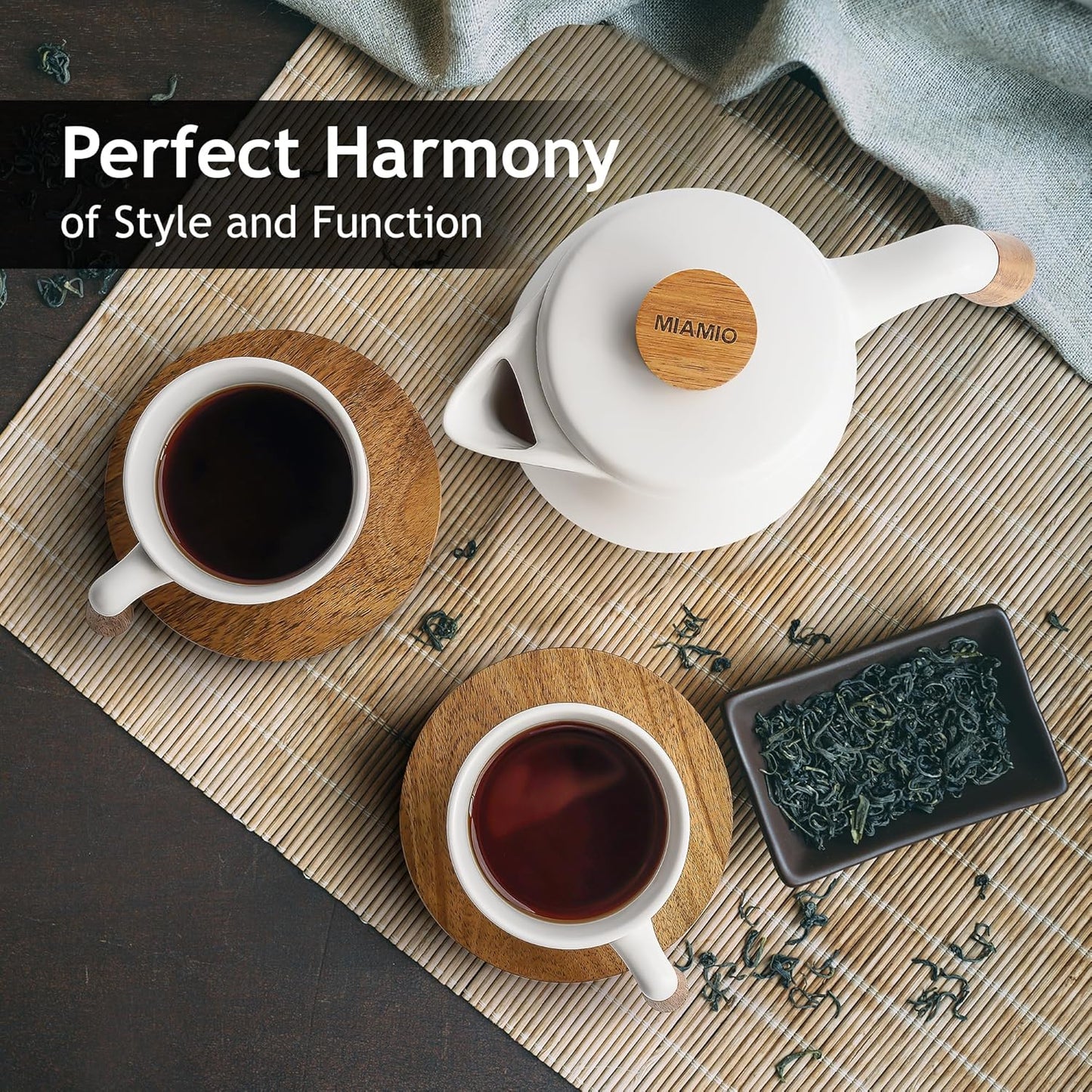 MIAMIO – 34 Oz Ceramic Tea Pot Set with Infuser and Cups/Tea Strainer, 4 Ceramic Tea Mugs (10 Oz), Bamboo Saucers/Handle for Home and Office (White)