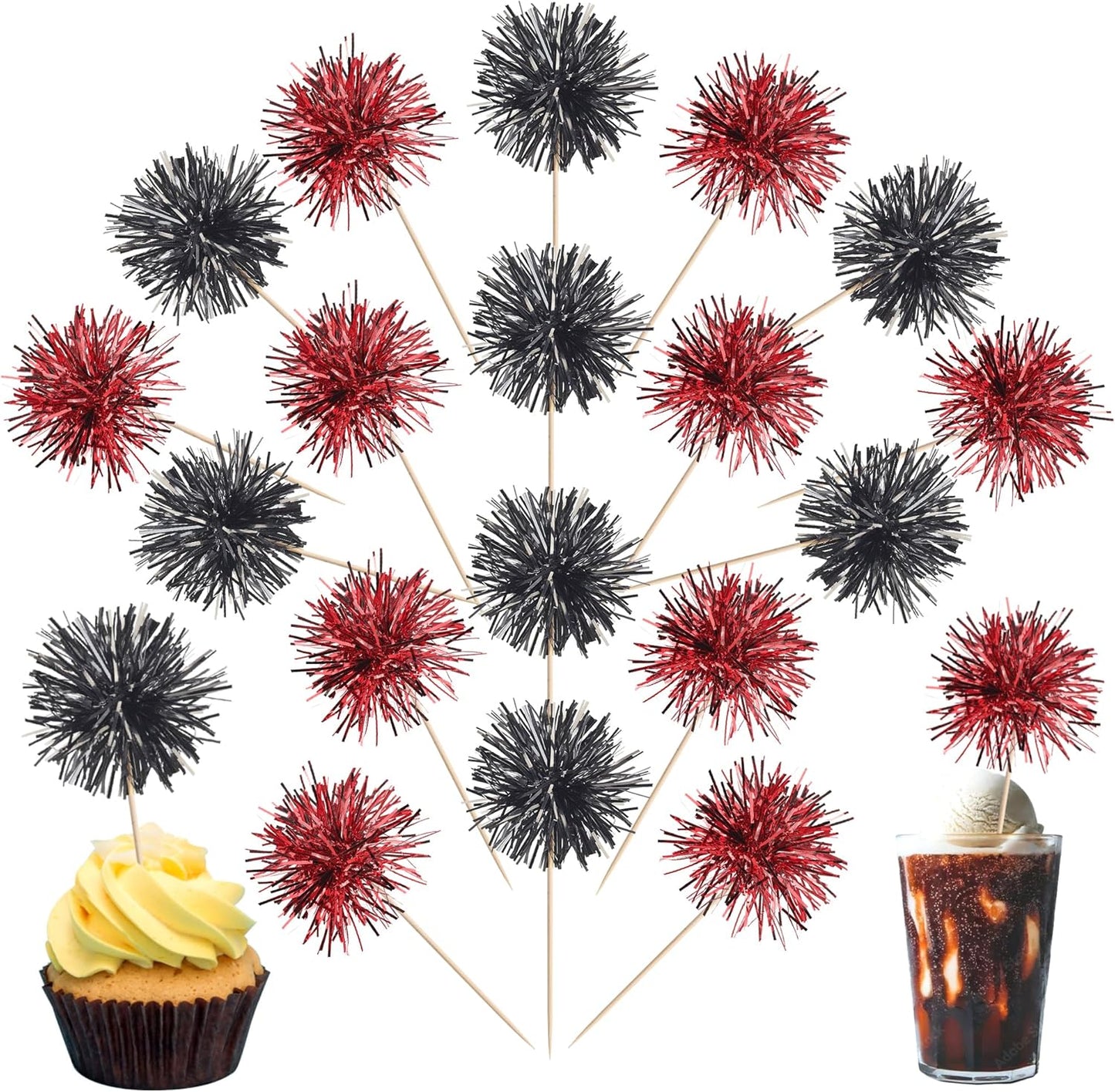 40 PCS Foil Firework Cupcake Toppers Sparkle Tinsel Cupcake Picks Fireworks Birthday Party Decorations Cocktail Fruit Toothpick for Birthday Wedding Graduation Party Decorations Supplies Black Red