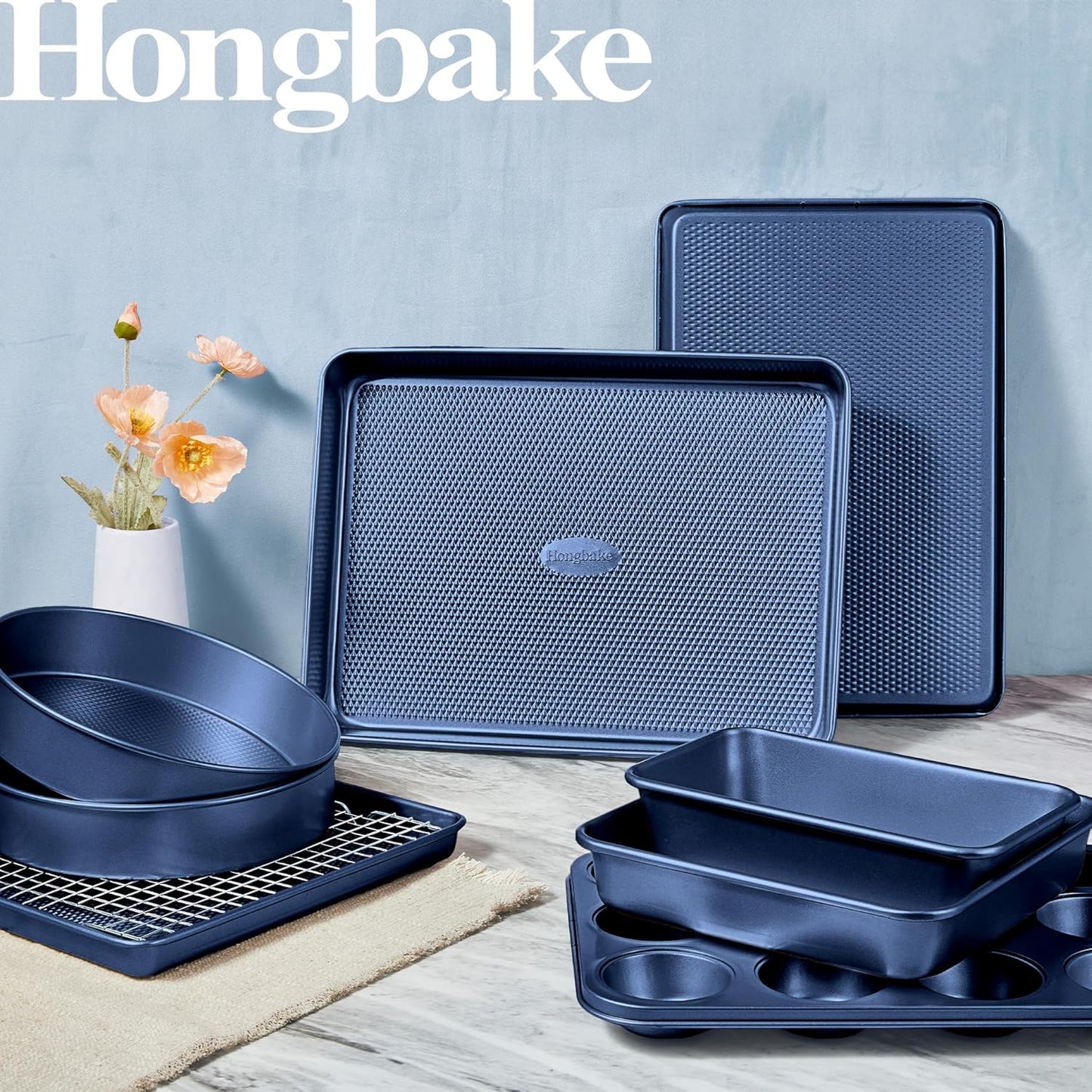 HONGBAKE 9-Piece Baking Pans Set Nonstick, Stackable Non Toxic Bakeware Sets with Diamond Texture, Oven Pan Set for Cooking, Includes Cookie Sheet with Rack, Cake Pan, Roasting Pan, Muffin Tin, Blue