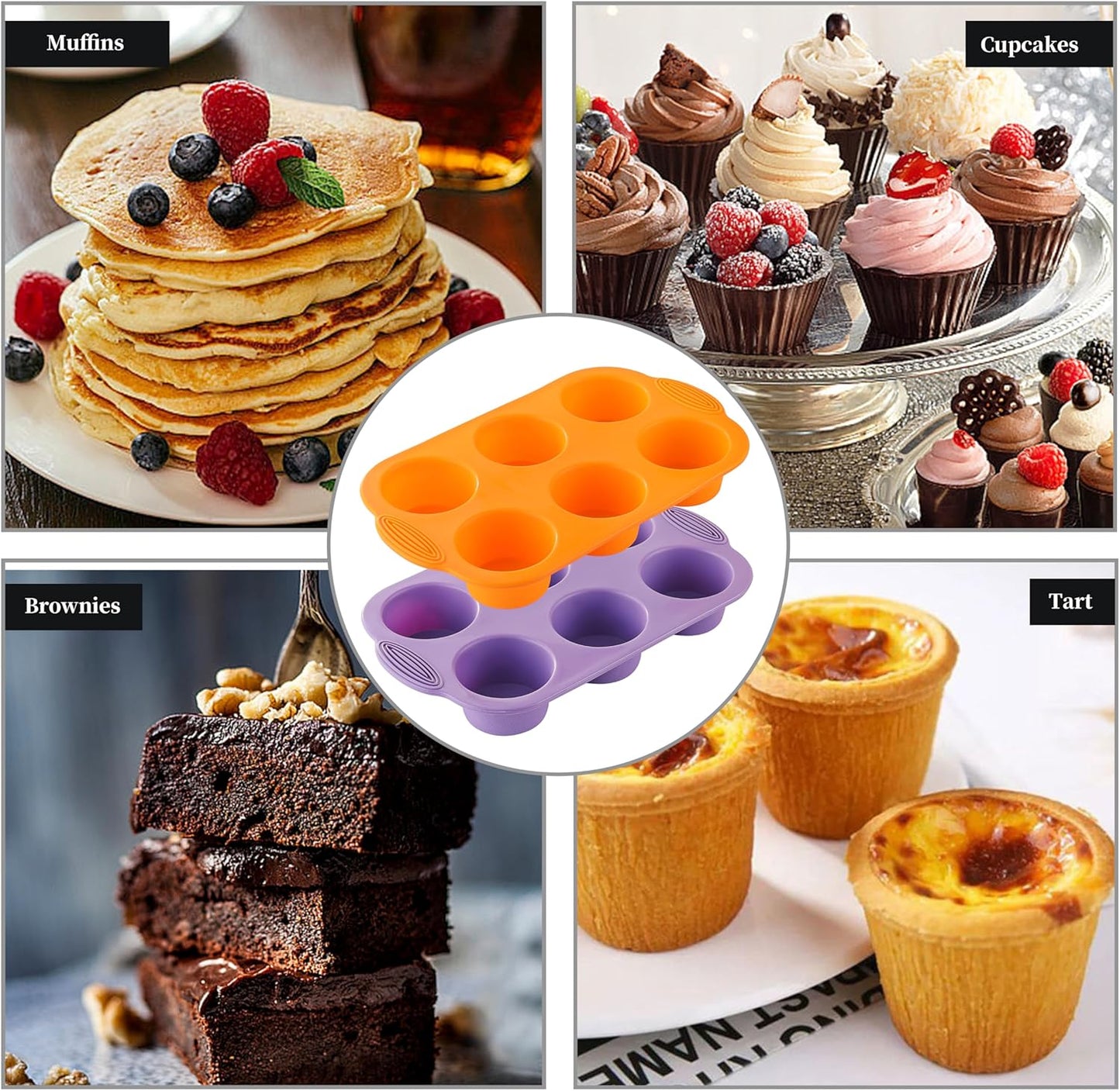 JJOO 2PCS Silicone Muffin Pan, 6-Cavity Nonstick Muffin Cupcake Pans Molds for Baking, Great for Cupcakes, Muffin, Brownies and More, BPA Free, Pack of 2 Colors (Orange and Purple)