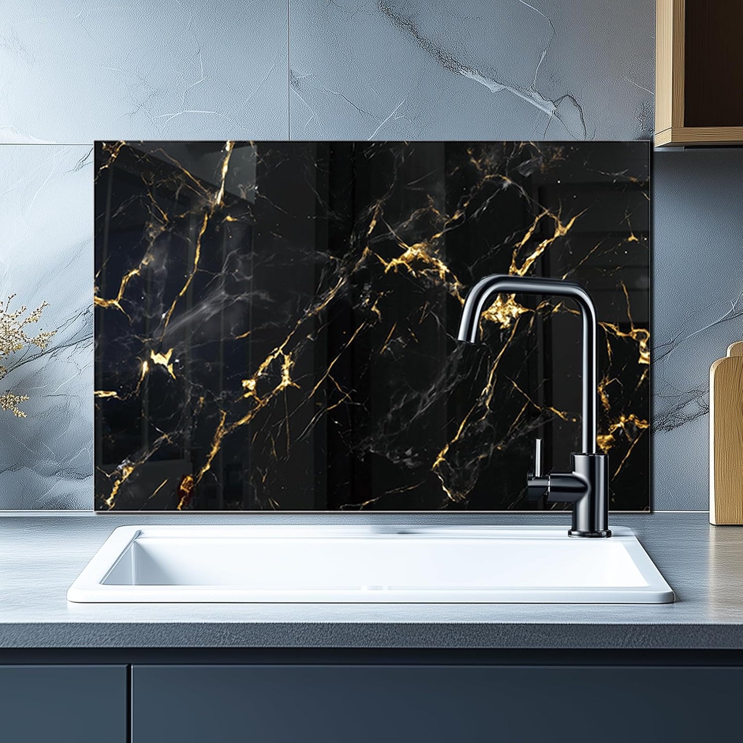 DAIFURONGE Tempered Glass Backsplash For Kitchen Behind Stove,Black Marbling Stove Backsplash Top Cover,Easy to Clean Glass Splashback, Sink Cover Splash Guard,Home Kitchen Wall Decor (30"x24"(76.2x60.96cm))