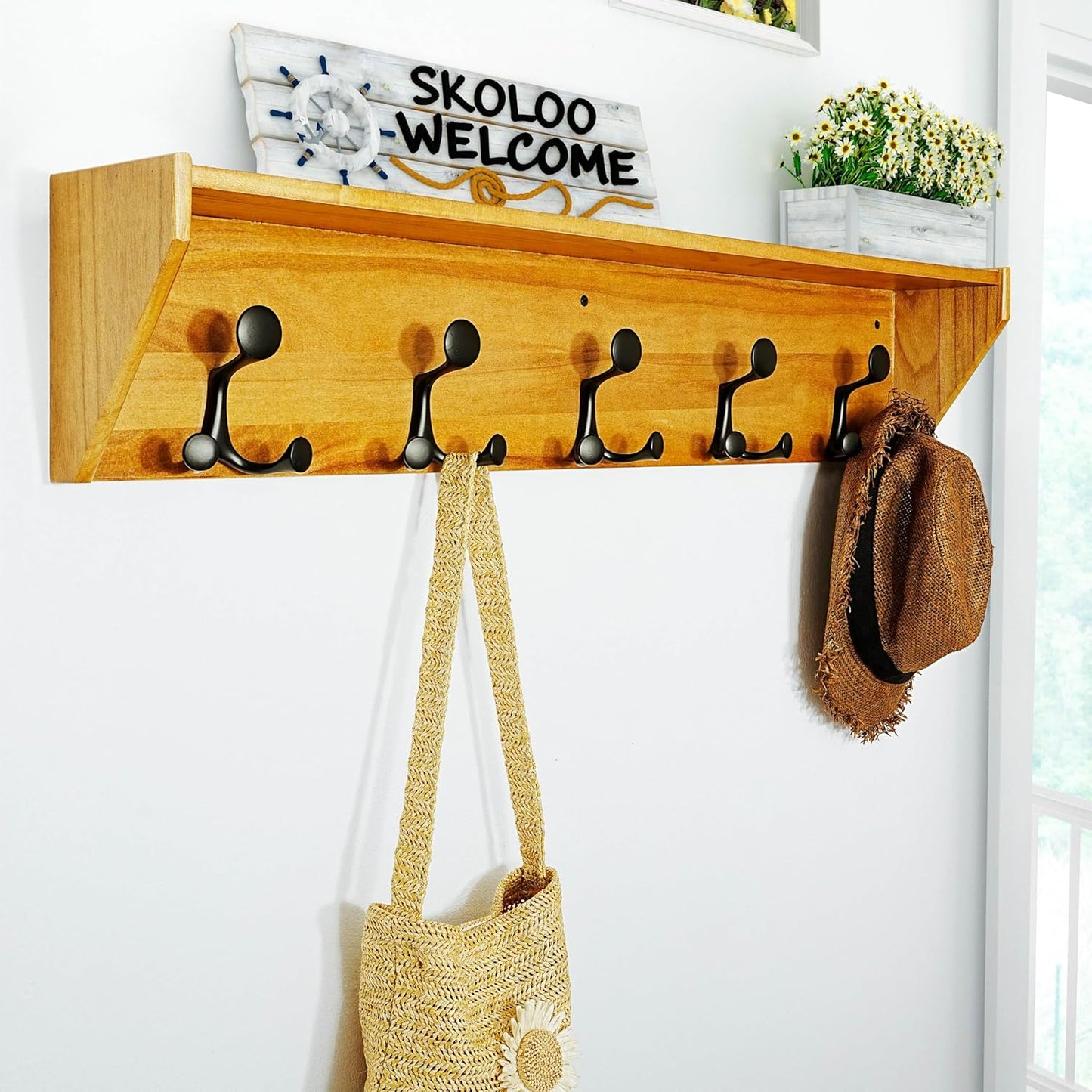 SKOLOO Wall Shelf with Hooks, 35-Inch Brown Coat Rack Wall Mount with Shelf Organizer - Lightweight & Sturdy, 5 Tri Hooks - Perfect for Entryway, Hallway, Living Room, Bedroom, Mudroom