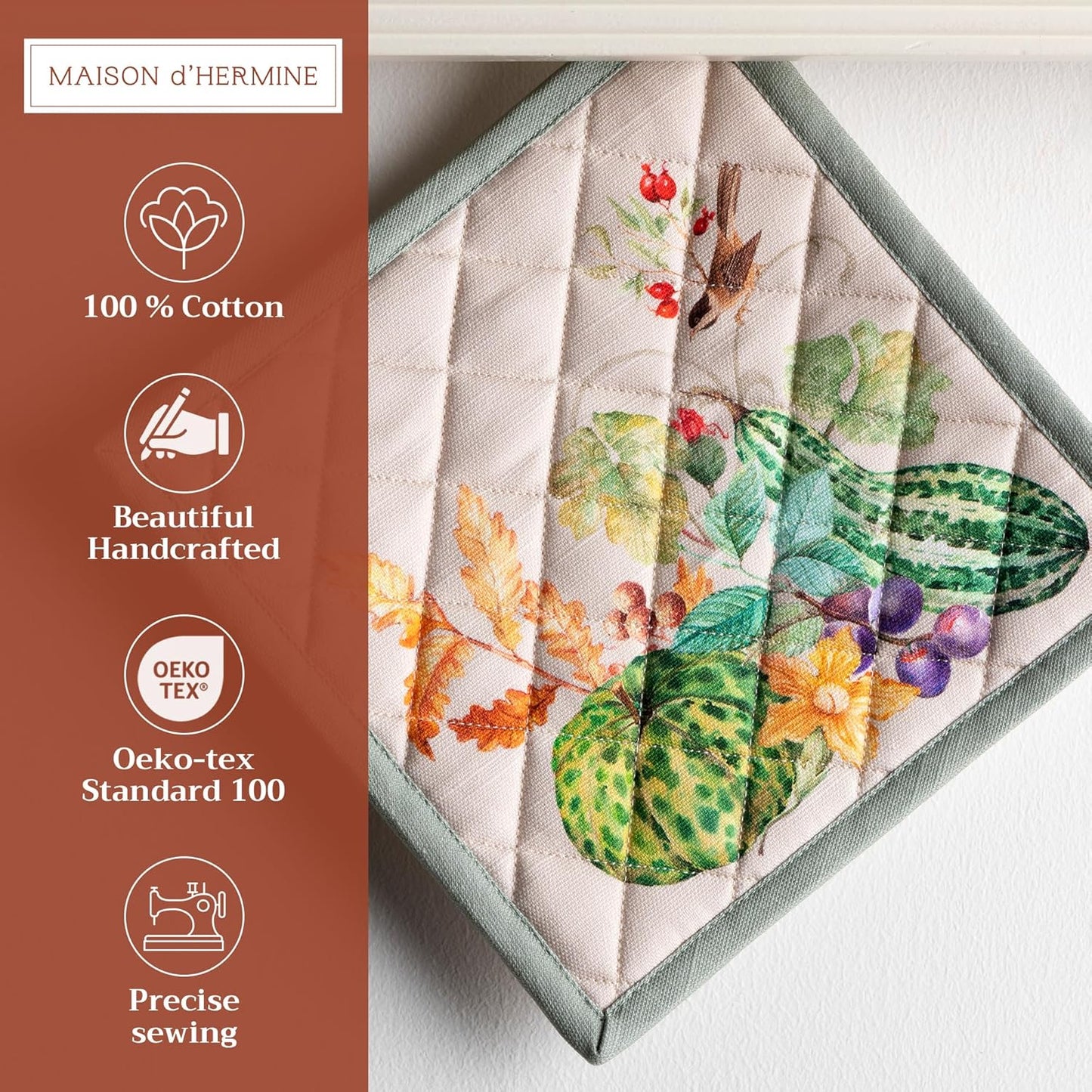 Maison d' Hermine Pot Holders 100% Cotton Heat Resistant Potholders 8" x 8" Hot Pads with Loop BBQ, Cooking, Baking, Grilling, Kitchen, Handling Hot Pans (Pack of 1, Lumina)