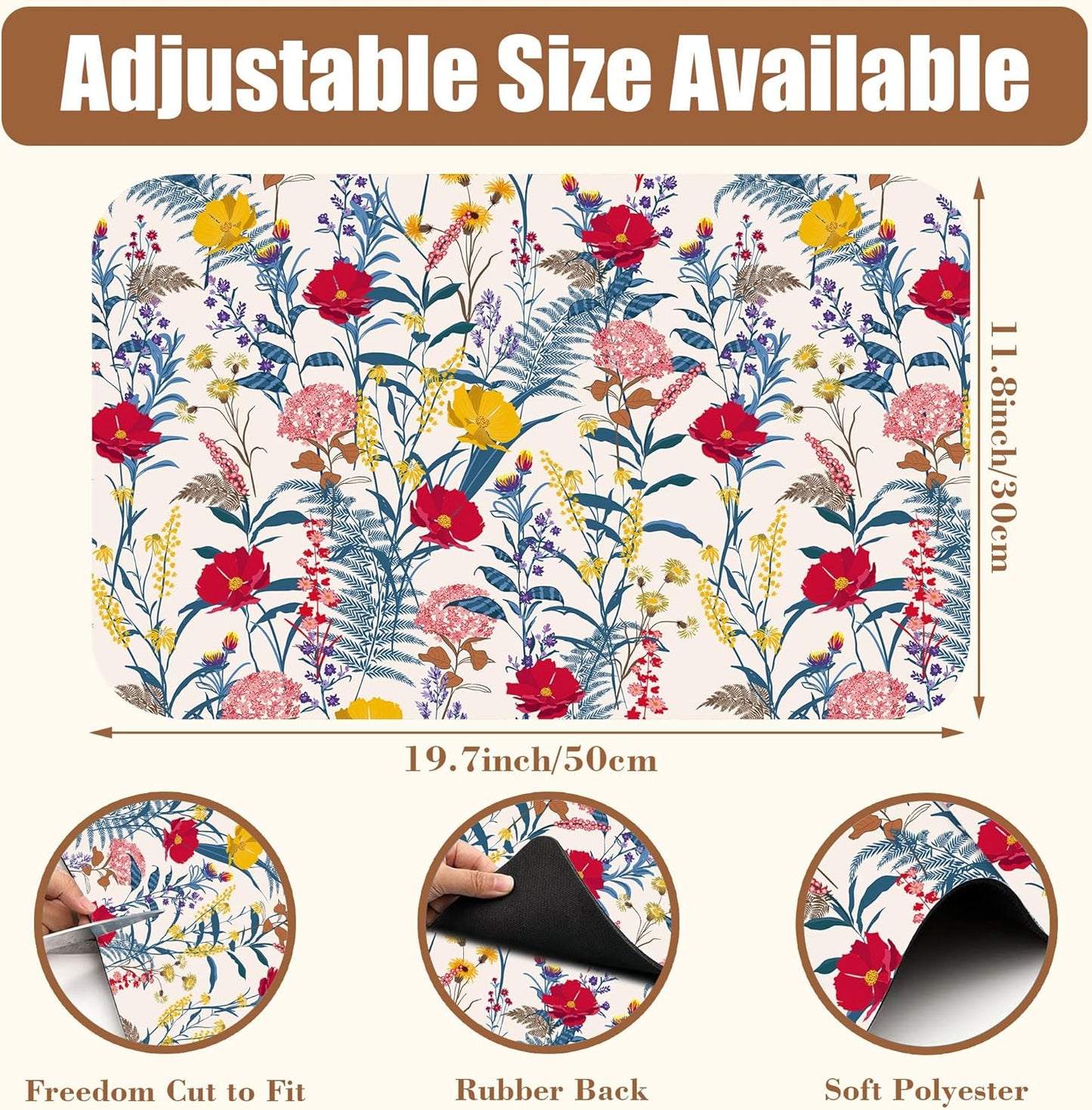 Botanical Dish Drying Mat Spring Flowers Coffee Bar Mat for Countertop Absorbent Rubber Backed Hide Stain Dish Drainer Rack Pad Espresso Machine Cafe Table Dining Room Decor 11.8 x 19.7 Inch