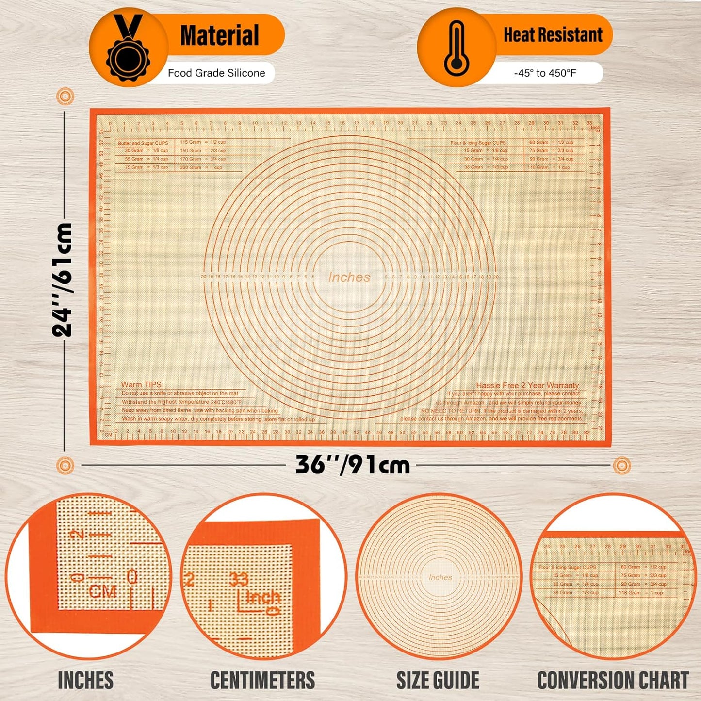 Pastry Mat 36x24 Inch Silicone Baking Mats Perfect for Dough, Pastry, Pie Crust, Fondant, Bread, Cookies, Pasta, Pizza, Kitchen Counter Mat