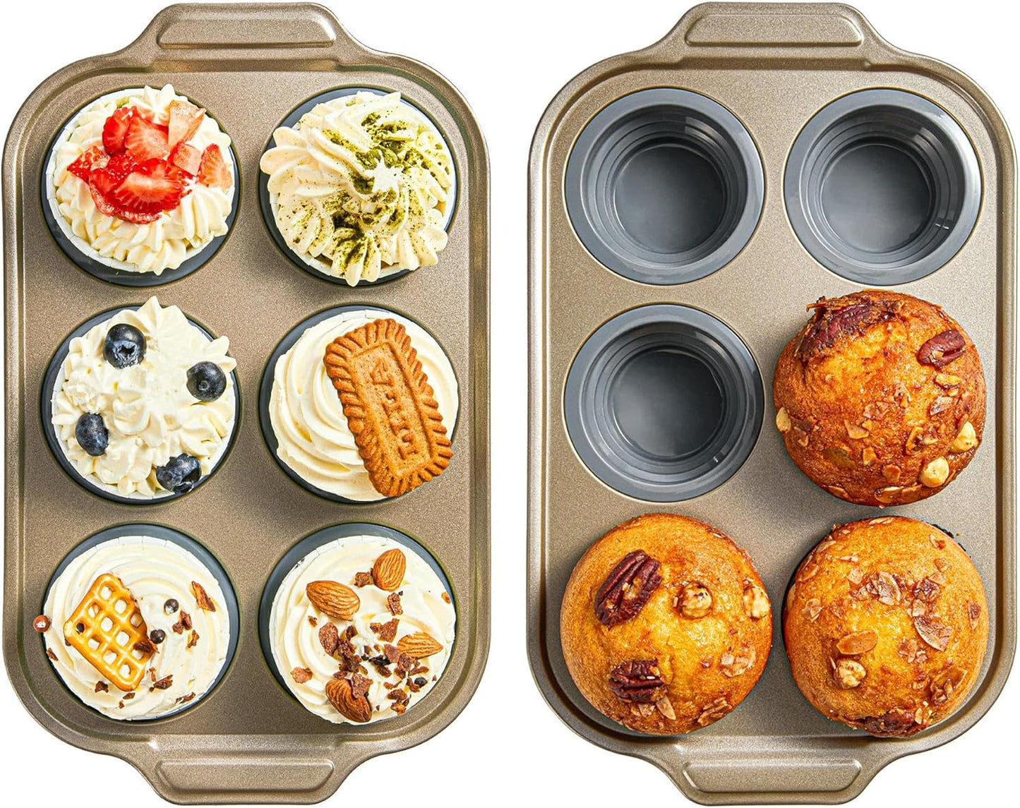 2-Pack Silicone Foldable Muffin Pans With Metal Reinforced Frame Silicone Cupcake Molds Nonstick 6 Cups For Baking,Homemade Muffins,Cupcakes,Egg Bites,Brownies,Puddings