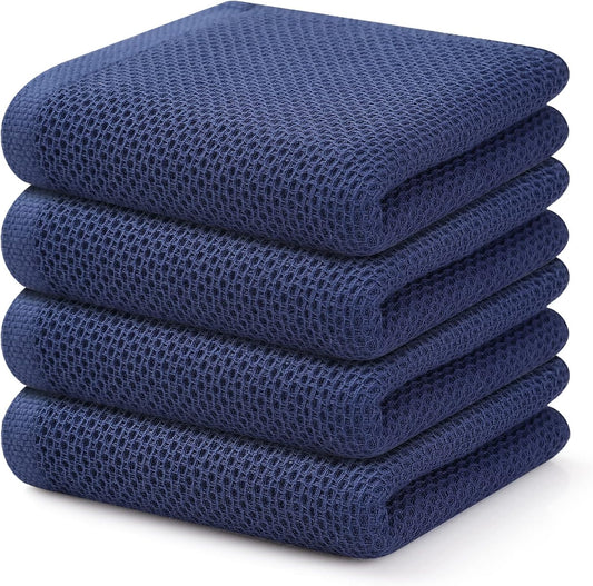 Kitinjoy 100% Cotton Waffle Weave Kitchen Towels, 4-Pack Super Soft and Absorbent Dish Towels for Drying Dishes, Kitchen Hand Towels, 13 in x 28 in, Navy Blue