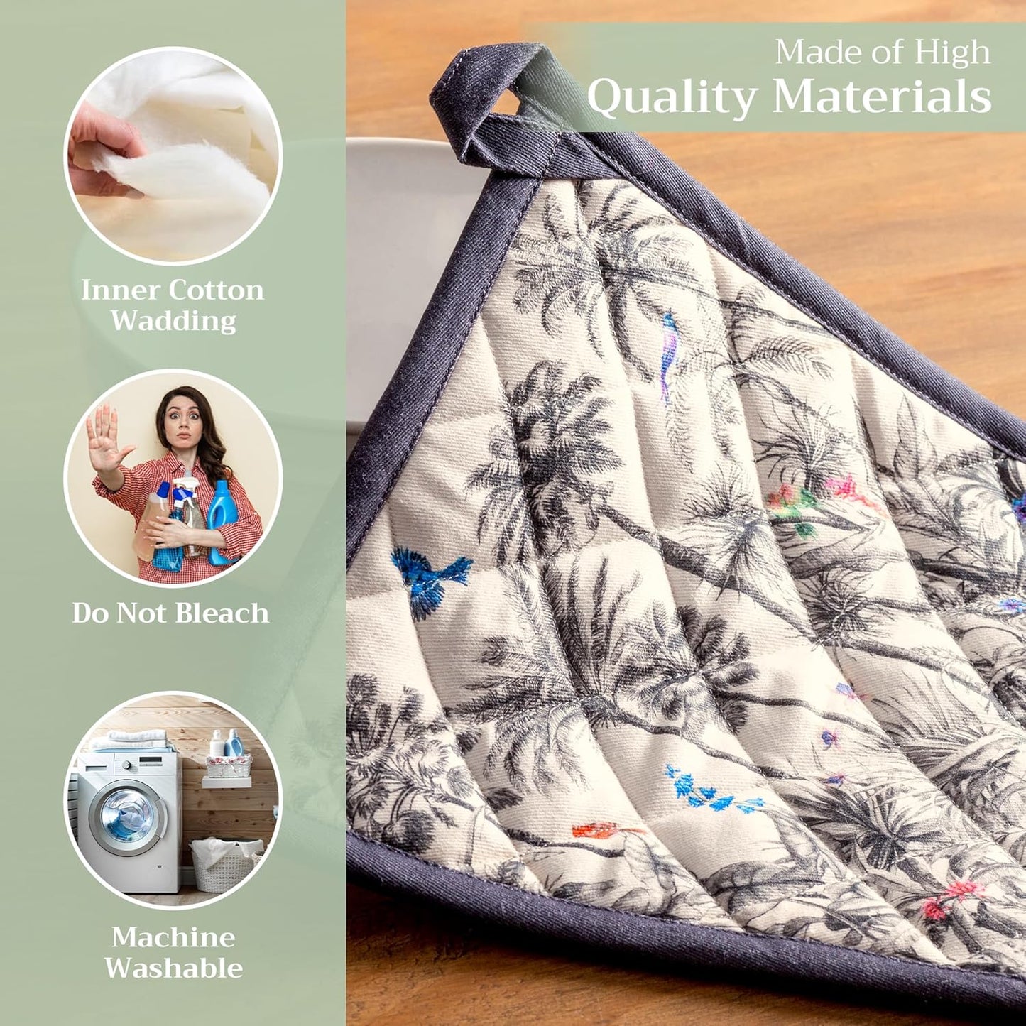 Maison d' Hermine Pot Holders Set 100% Cotton Heat Resistant Potholders 8" x 8" Hot Pads with Loop BBQ, Cooking, Baking, Grilling, Kitchen, Handling Hot Pans (Pack of 2, Amazonia)