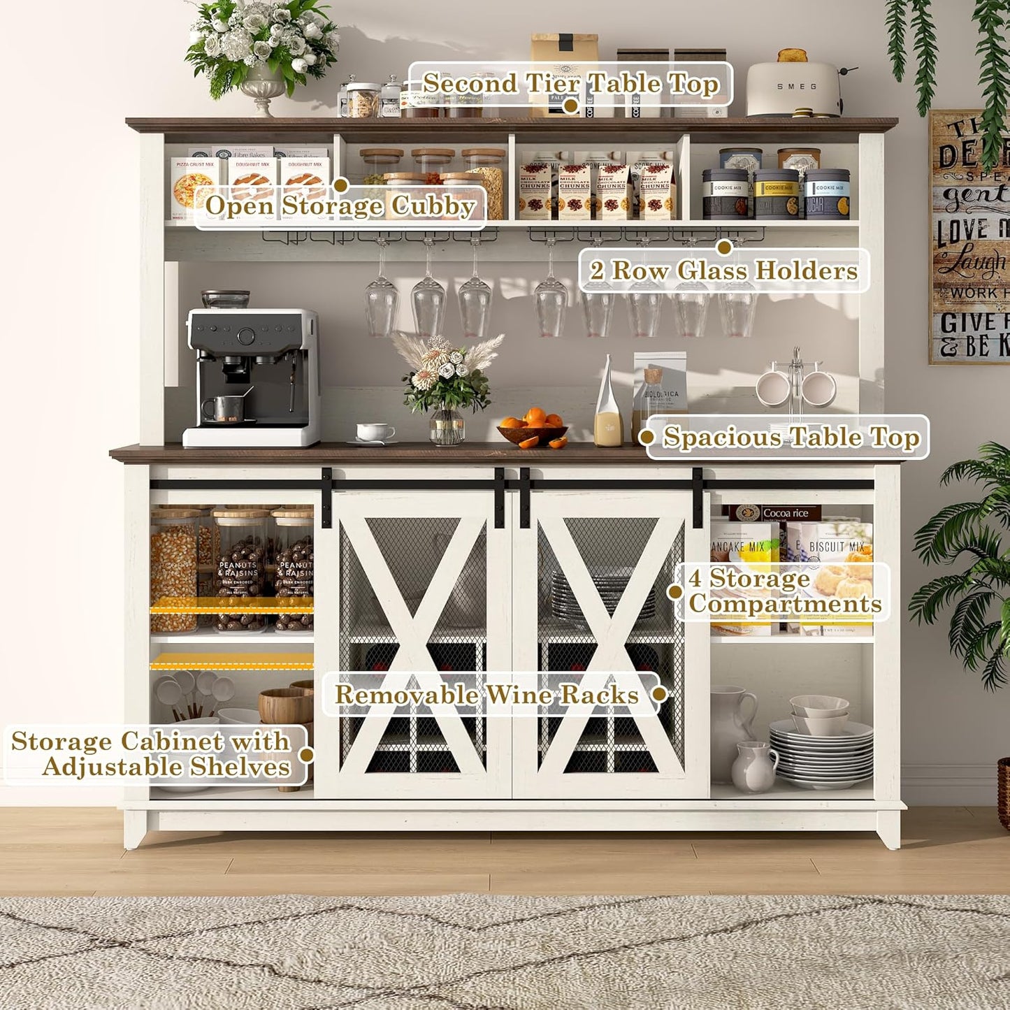 63"W Farmhouse Coffee Bar Cabinet with LED Light,Wine Bar Cabinet w/ 4 Tier Storage Hutch,Kitchen Buffet Cabinet w/Sliding Barn Door & 15 Wine and Glass Racks for Kitchen Dining Room(Antique White)