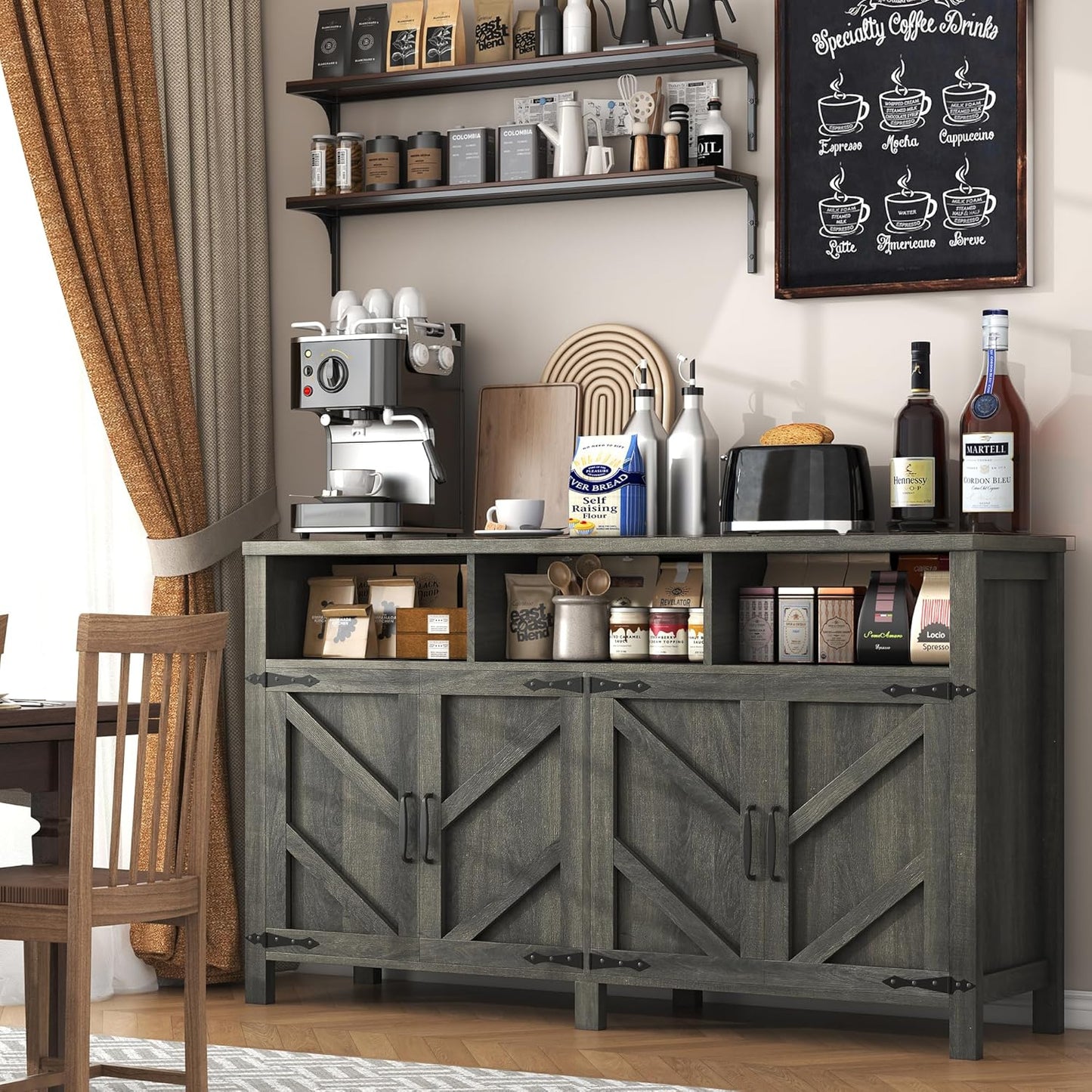 Buffet Sideboard with Storage Farmhouse with 4 Doors, 55'' Large Kitchen Storage Cabinet Wood Coffee Bar Cabinet Buffet Table with Shelves for Kitchen, Dining Room, Entryway (Gray, 55in)