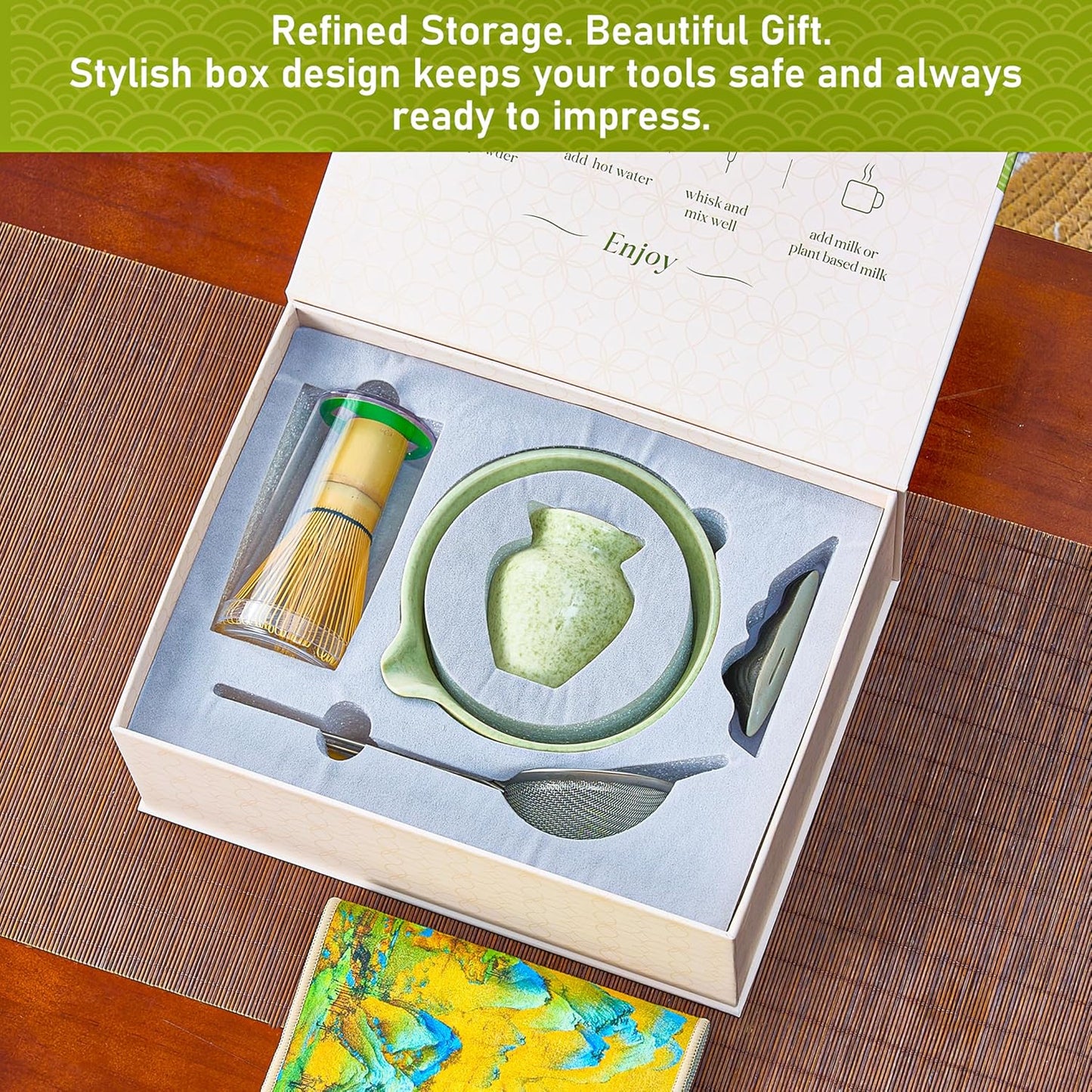 BeSoothe Matcha Whisk Set - Premium Matcha Set 7 Pcs - Ceremony Matcha Powder Kit - Matcha Tea Set for Making Latte - Matcha Whisk Set and Bowl with Scoop&Sifter, Ceramic Bowl - Gift for Matcha Lovers