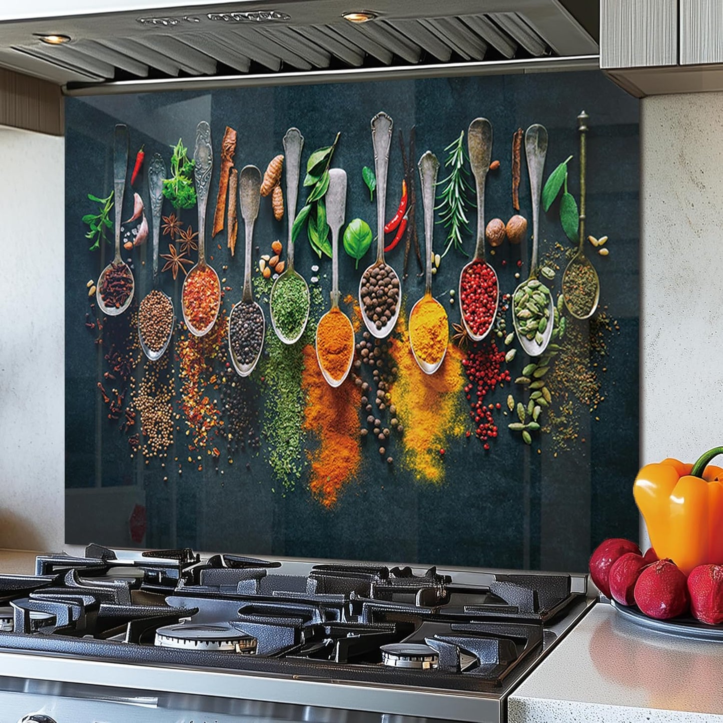 DAIFURONGE Spice Tempered Glass Backsplash For Kitchen Behind Stove,Stove Back Top Cover,Easy to Clean Glass Splashback, Sink Cover Splash Guard,Home Kitchen Wall Decor (35.43"x27.56"(90x70cm))