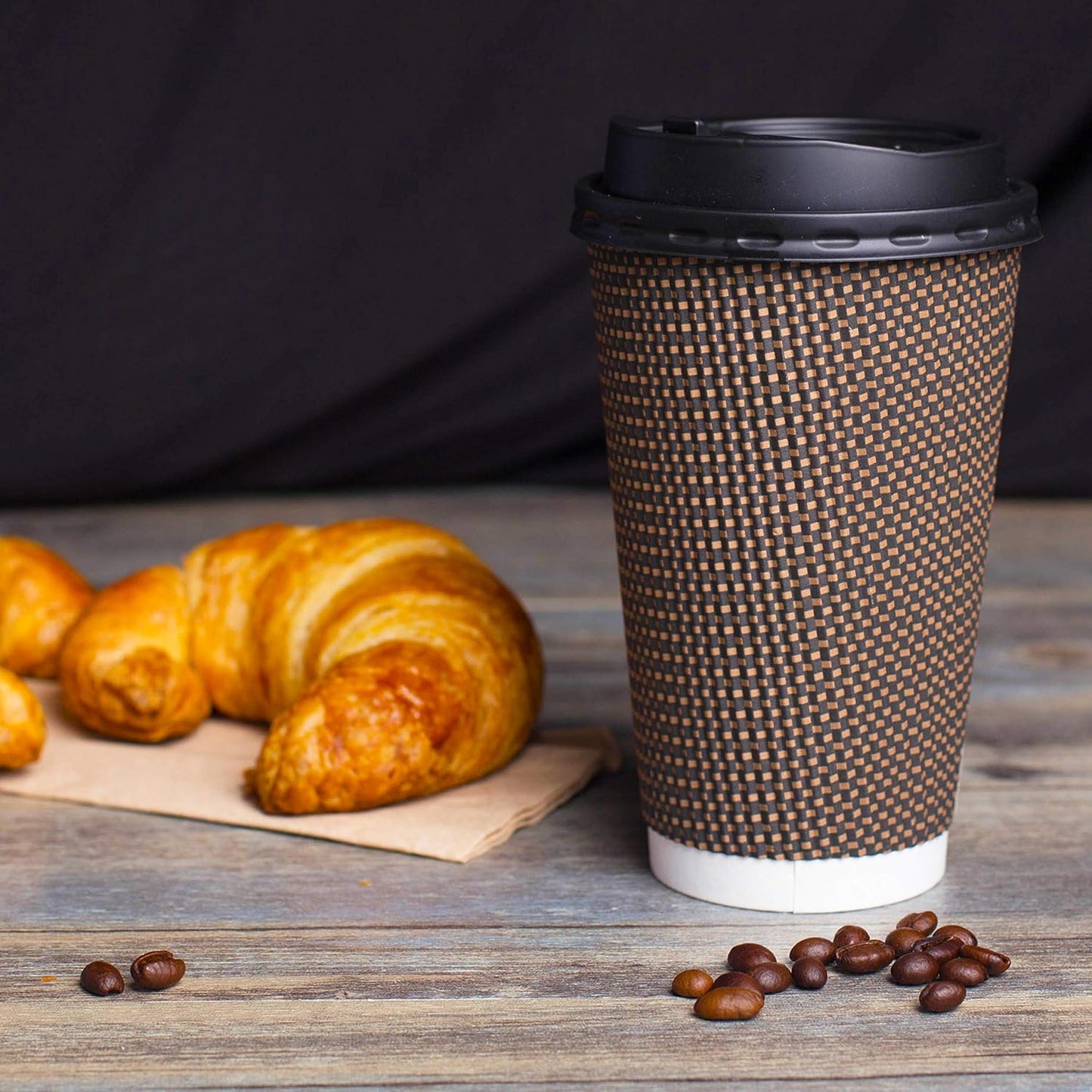 Promora Brown Disposable Coffee Cups With Lids 16 oz, Premium Insulated Paper Ripple Cups for Hot Coffee (80 Pack)