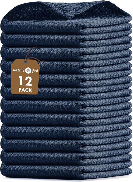 Native Fab 12 Pack Waffle Dish Cloths - 100% Cotton, Absorbent, Quick Drying, Reusable Towels for Cleaning, Cooking, Baking - Great for Home, Restaurants, Versatile Use - 12"x12" - Navy Blue
