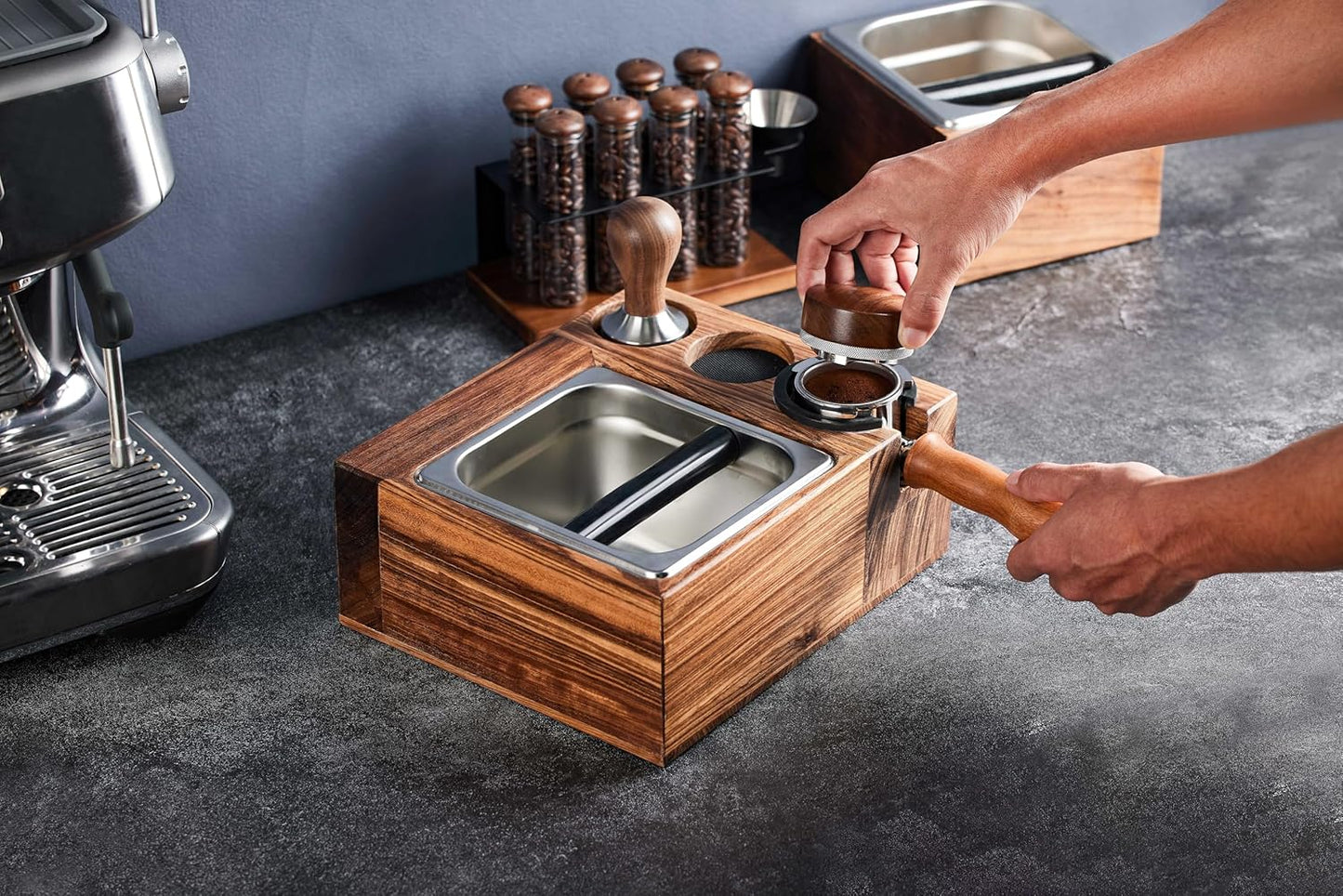 Espresso Knock Box and Tamping Station with Removable Organizer for 51mm, 54mm Ideal for Espresso Enthusiasts and Family Baristas