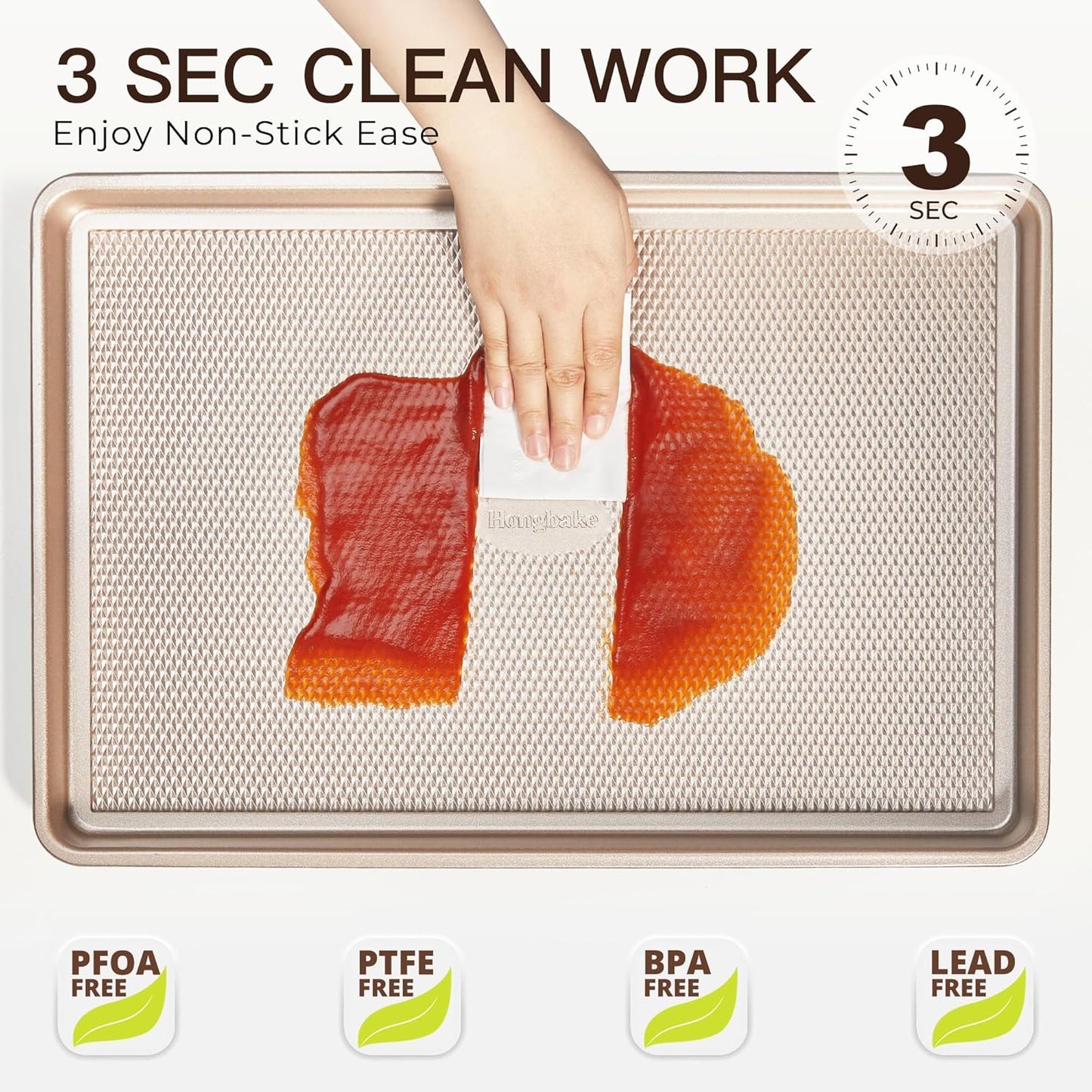 HONGBAKE Baking Sheet Pan Set of 3, Cookie Sheets for Oven, Nonstick Half/Quarter/Jelly Roll Pans with Diamond Texture Pattern, 0.8mm Thick Heavy Duty Cookie Tray, Champagne Gold