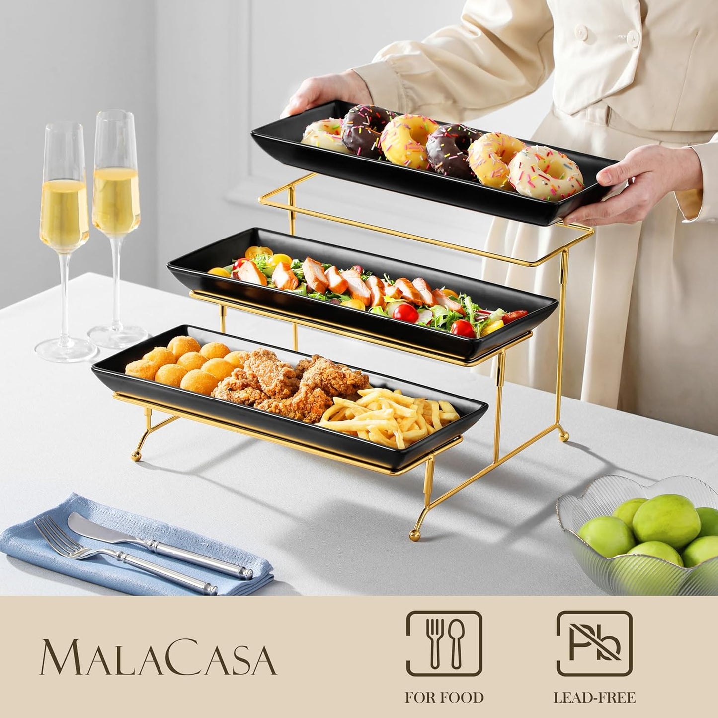 MALACASA 3 Tier Serving Trays for Party, 14 Inch Porcelain Black Trays for Serving Food, Dessert Stand with Collapsible Gold Metal Rack