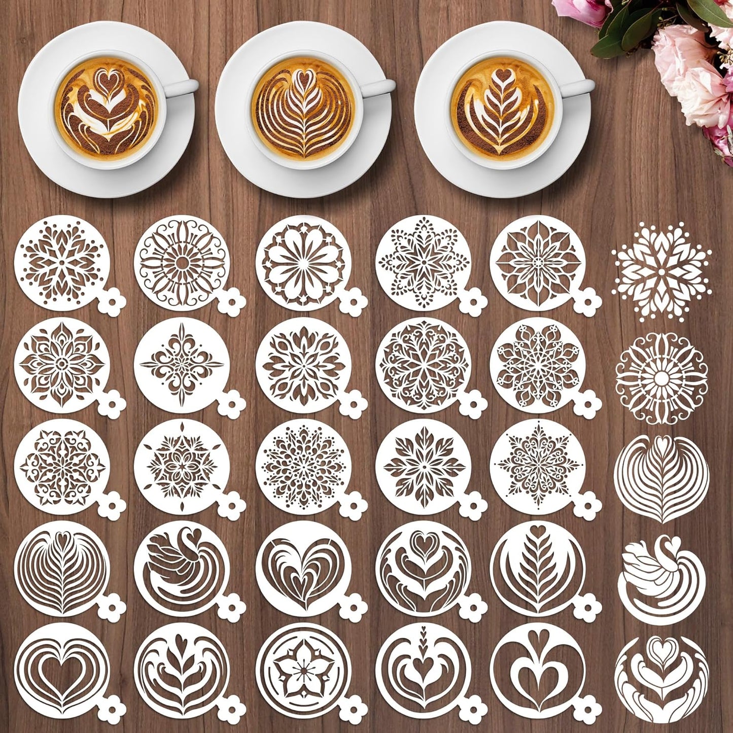 Mandala Cookie Coffee Stencils - 25 Pcs Mandala Latte Art Cookie Stencils for Coffee Cake Bread Decor, Reusable Bread Template for Sourdough Decoration Tools Baking Stencil