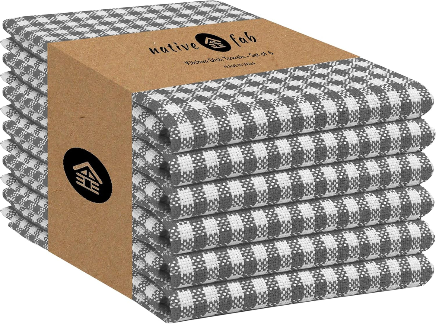 Native Fab Gingham Kitchen Towels 6 Pack, 100% Cotton 16x26 Inch, Absorbent & Washable Tea Towels, Soft Dish Cloths with Hanging Loop for Drying & Cleaning, Grey White