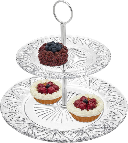 Godinger 2-Tier Platter Tray Server, Serving Stand, Cake Stand for Desserts, Appetizers & Snacks, Dublin Crystal Collection