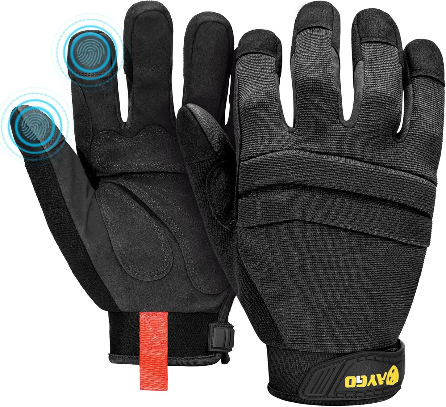 KAYGO Work Gloves For Men, KG125M Mechanic Utility Work Gloves for All Purpose, Excellent Grip, Heavy Duty, Improved Dexterity, Touch Screen,Black,M