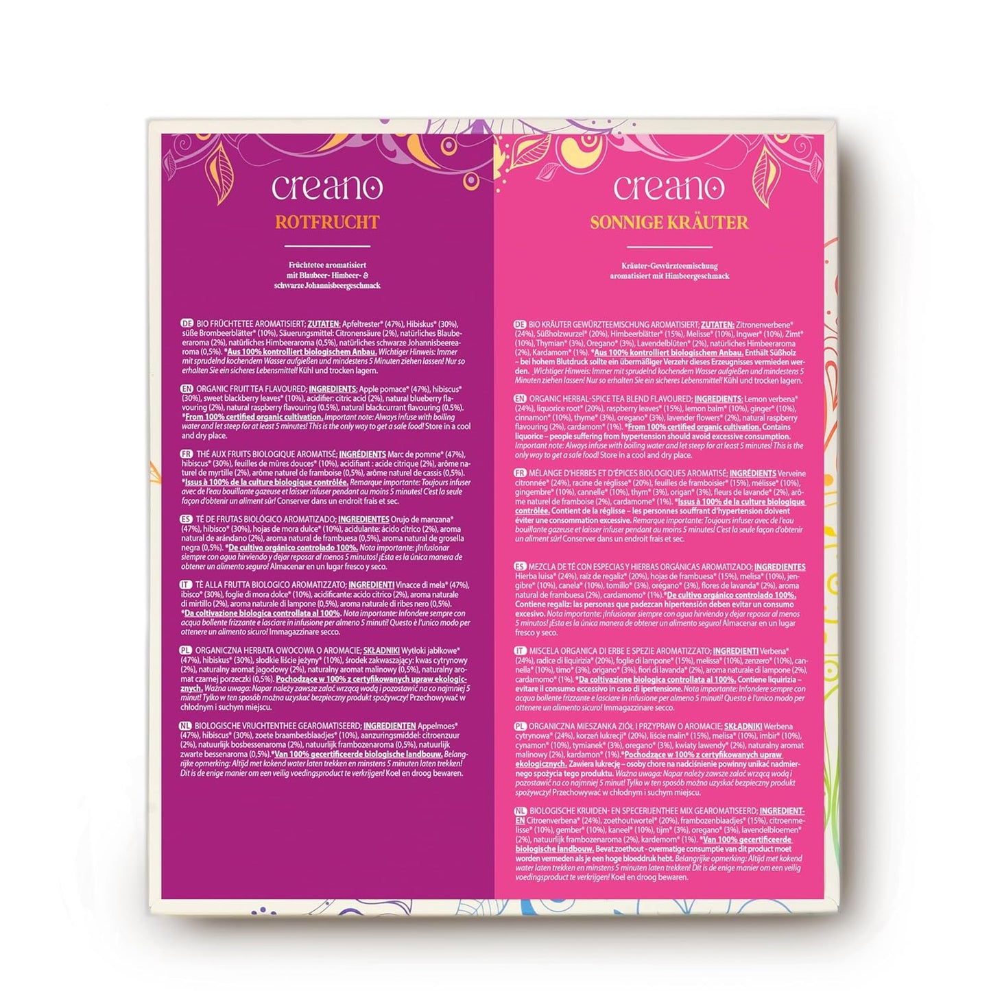 Creano Organic Fruit Tea - Herbal Tea Gift Set – 27 Organic Tea Bags in 9 Dreamy Varieties – 54 g