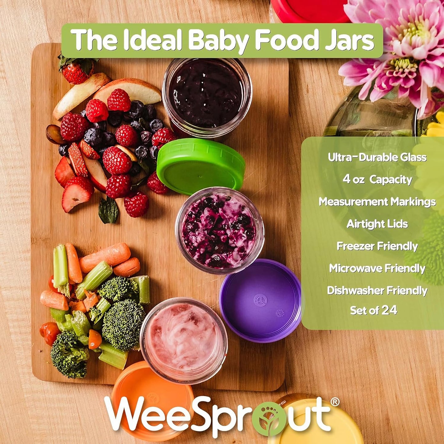 WeeSprout Baby Food Storage Glass Jars w/Lids (4 oz, 24 Pack) Matte Variety, Snack, Reusable Small Containers, Fridge or Freezer, Microwave & Dishwasher Safe, Essentials for Infants